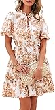 BTFBM Women Summer Floral Short Dresses V Neck Short Sleeve Tiered Ruffle Boho Swing Dress A-Line Mini Dresses White Apricot Floral Medium