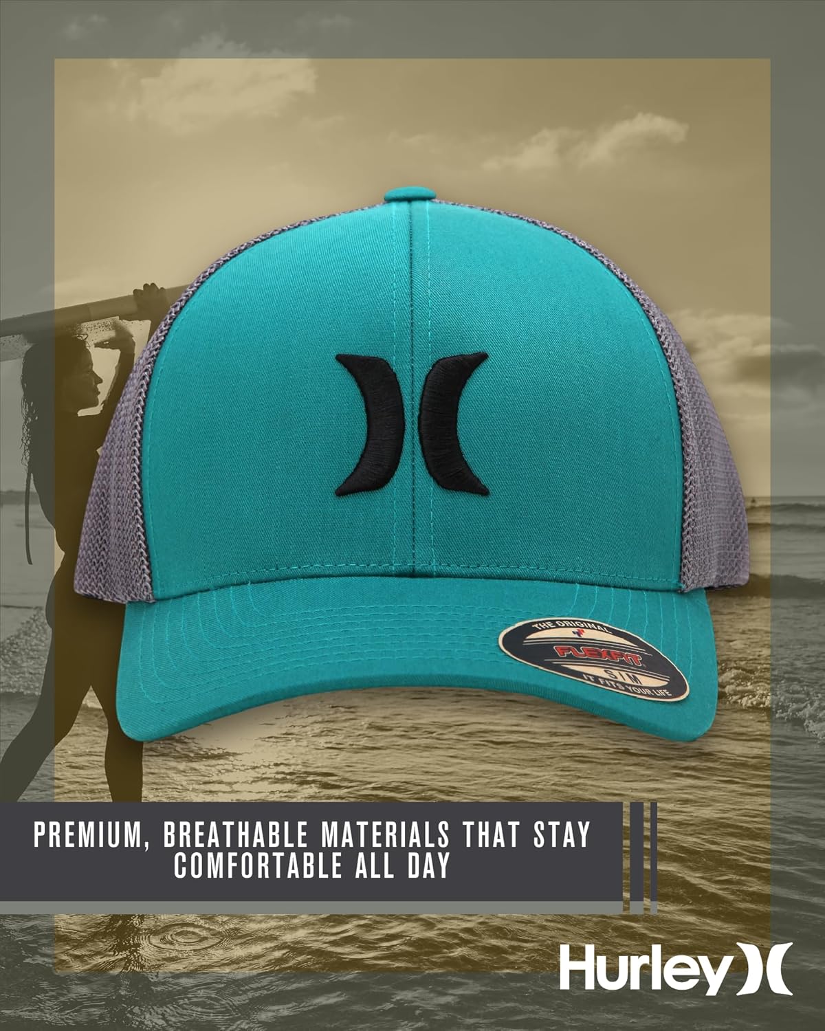 Hurley Mens Baseball Cap - Laguna Icon Mesh Stretch Trucker Hat with Curved Brim - Lightweight Breathable Fitted Hats for Men - Image 4