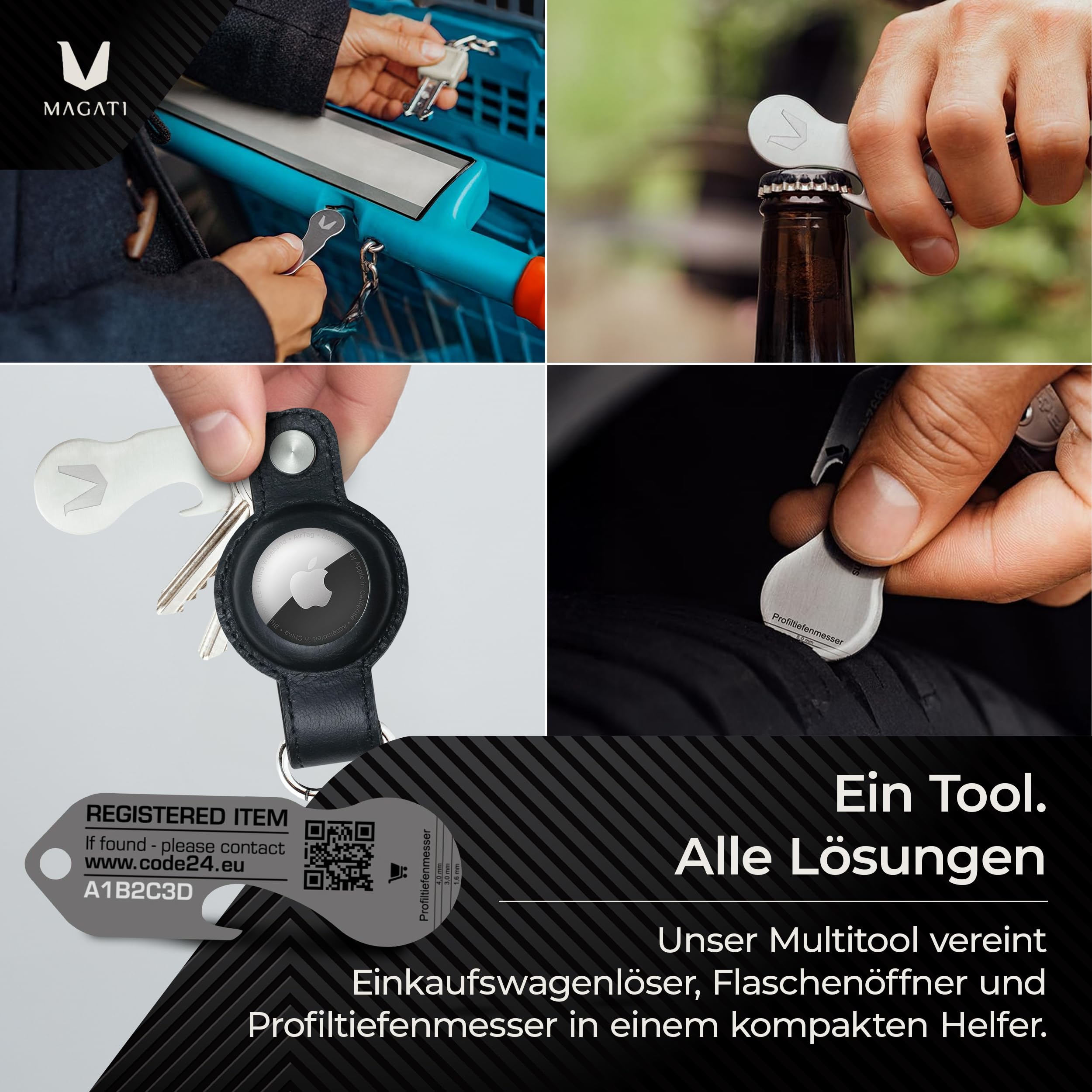 MAGATI Airgonizer (Schwarz) – Schlüssel Organizer mit AirTag Schlüsselanhänger aus hochwertigem Leder & Multitool – Kompatibel mit Apple Airtag 1 & 2 – 1 Jahr Code24 Fundservice inklusive