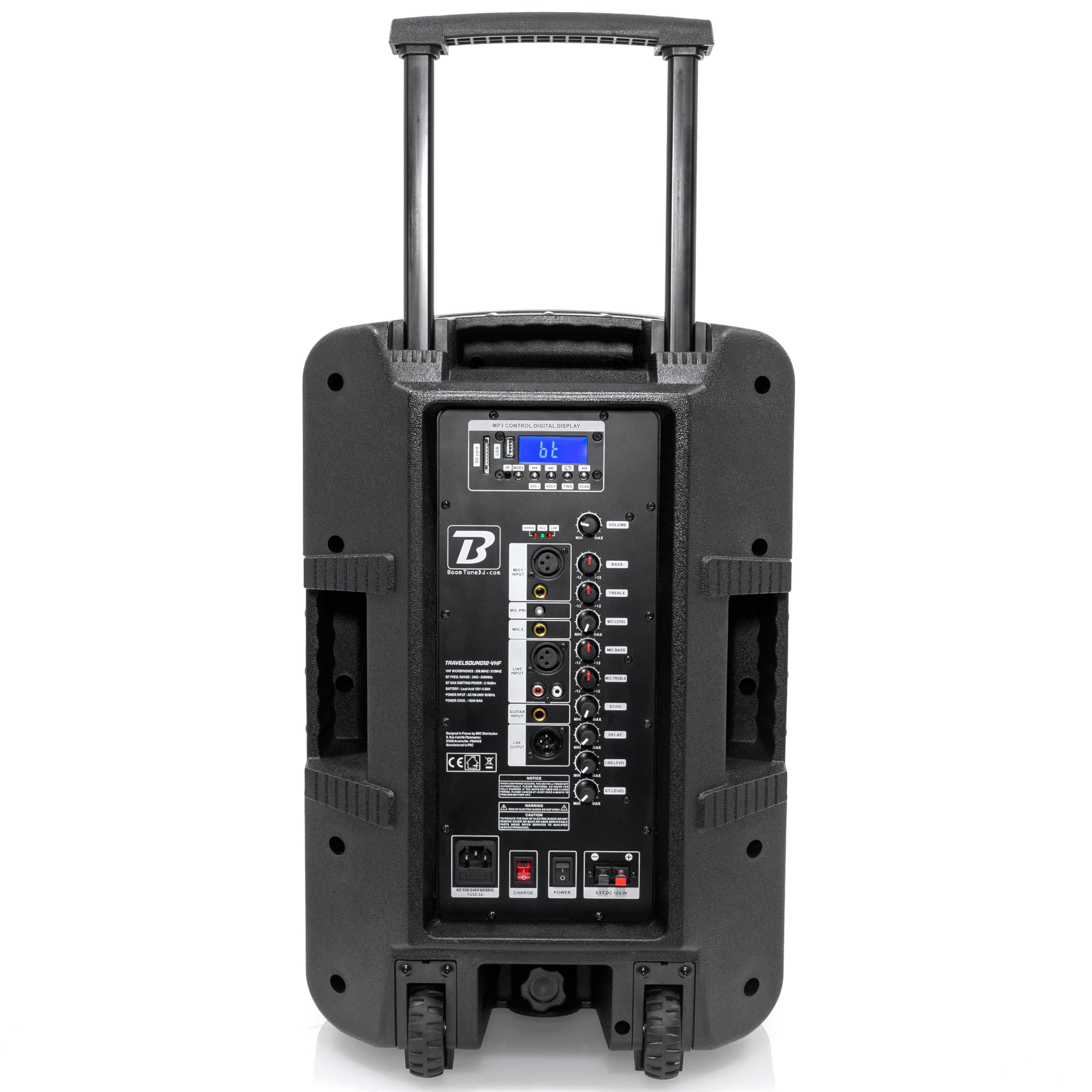 BoomTone DJ TRAVELSOUND12-VHF Système de Sonorisation Portable Noir 600W avec Bluetooth. Lecteur USB, SD et Micro Main et Serre-tête VHF Inclus. Idéal pour DJ, Karaoké, Spectacles de Rue et Fête