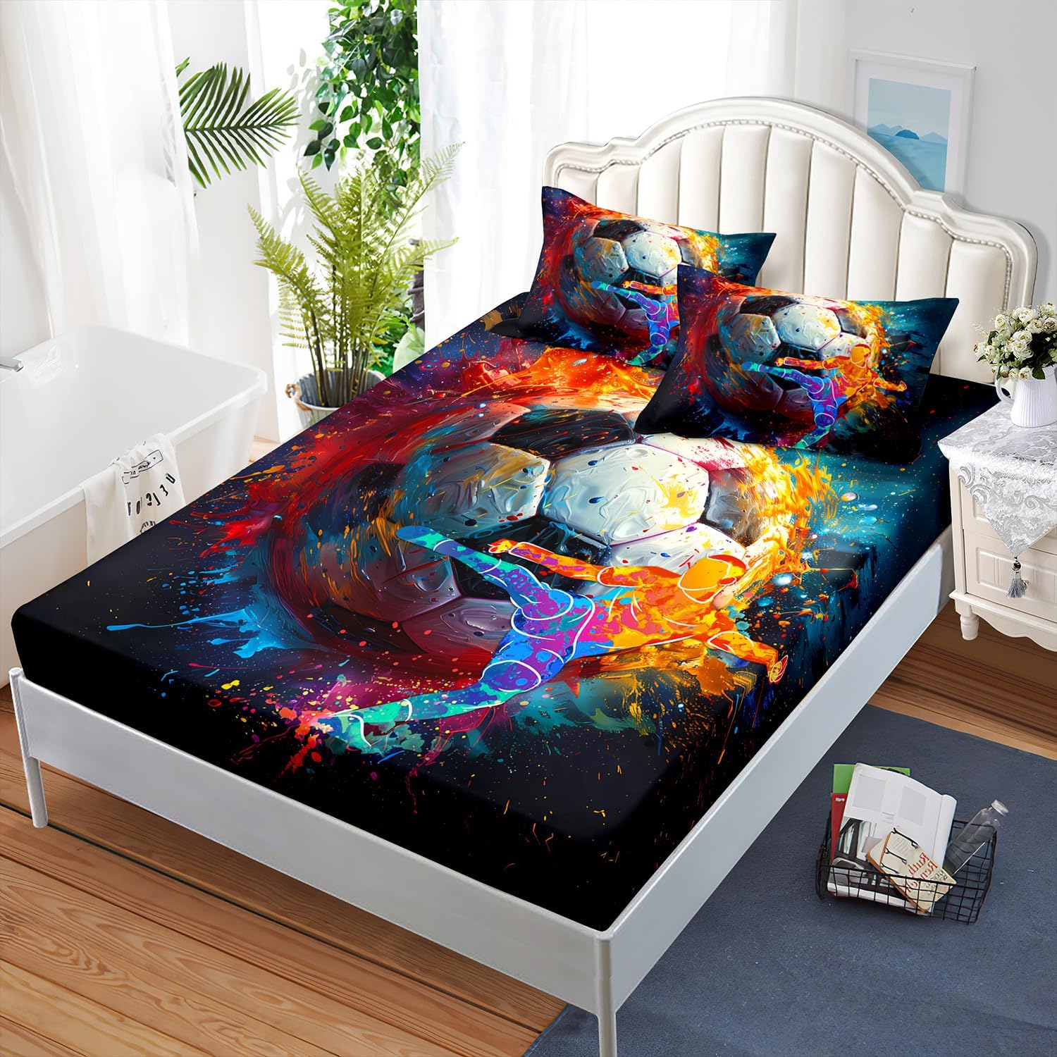 AILONEN Boys Soccer Fitted Sheet Set Twin Size,3D Oil Painting Football Bed Sheet Set,Football Player Fitted Sheet and 2 Pillowcases,3-Piece Sport Bedding Set,Breathable,Soft Microfiber - Image 3