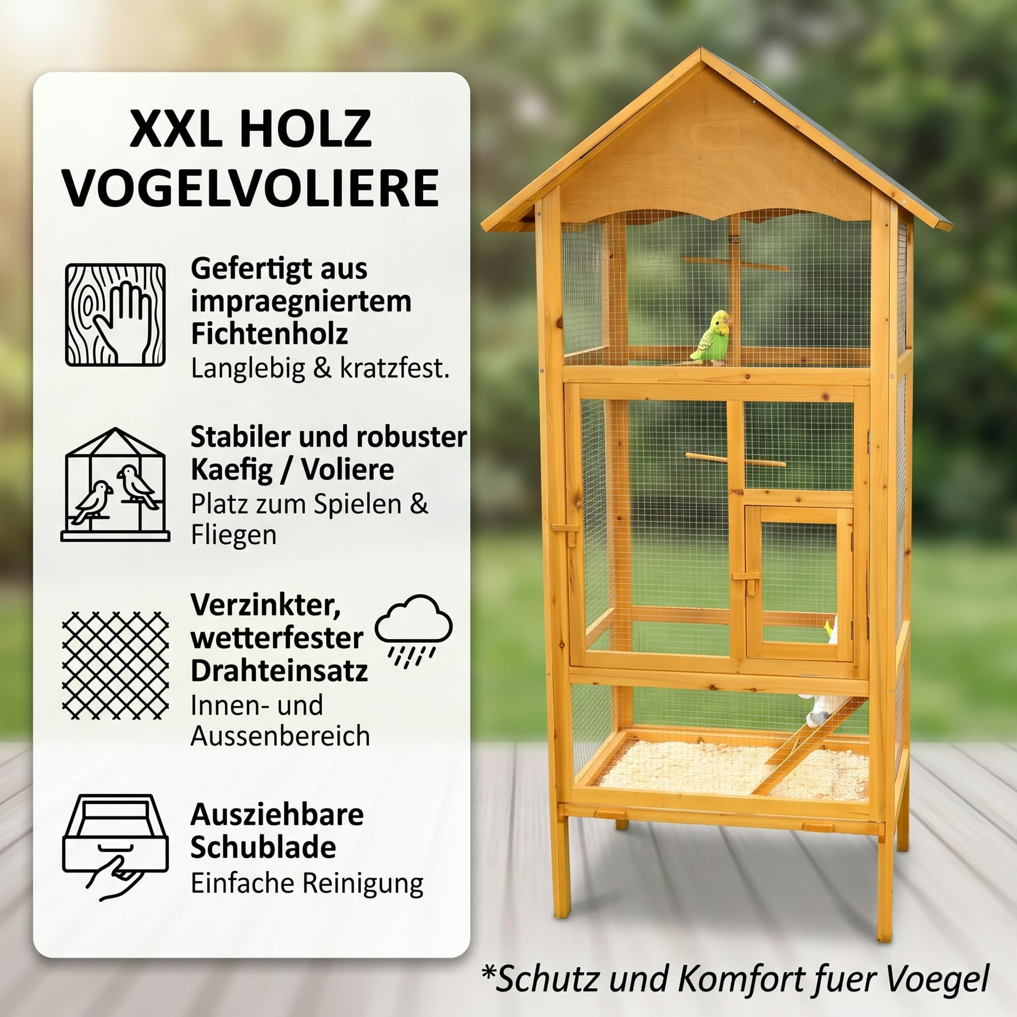 Mucola Vogelvoliere Holz großer Vogelkäfig mit 2 Türen Vogelhaus mit Sitzstangen, Leiter und Kotschublade Außenvoliere 74 x 74 x 194 cm Zuchtkäfig Vogelhaus