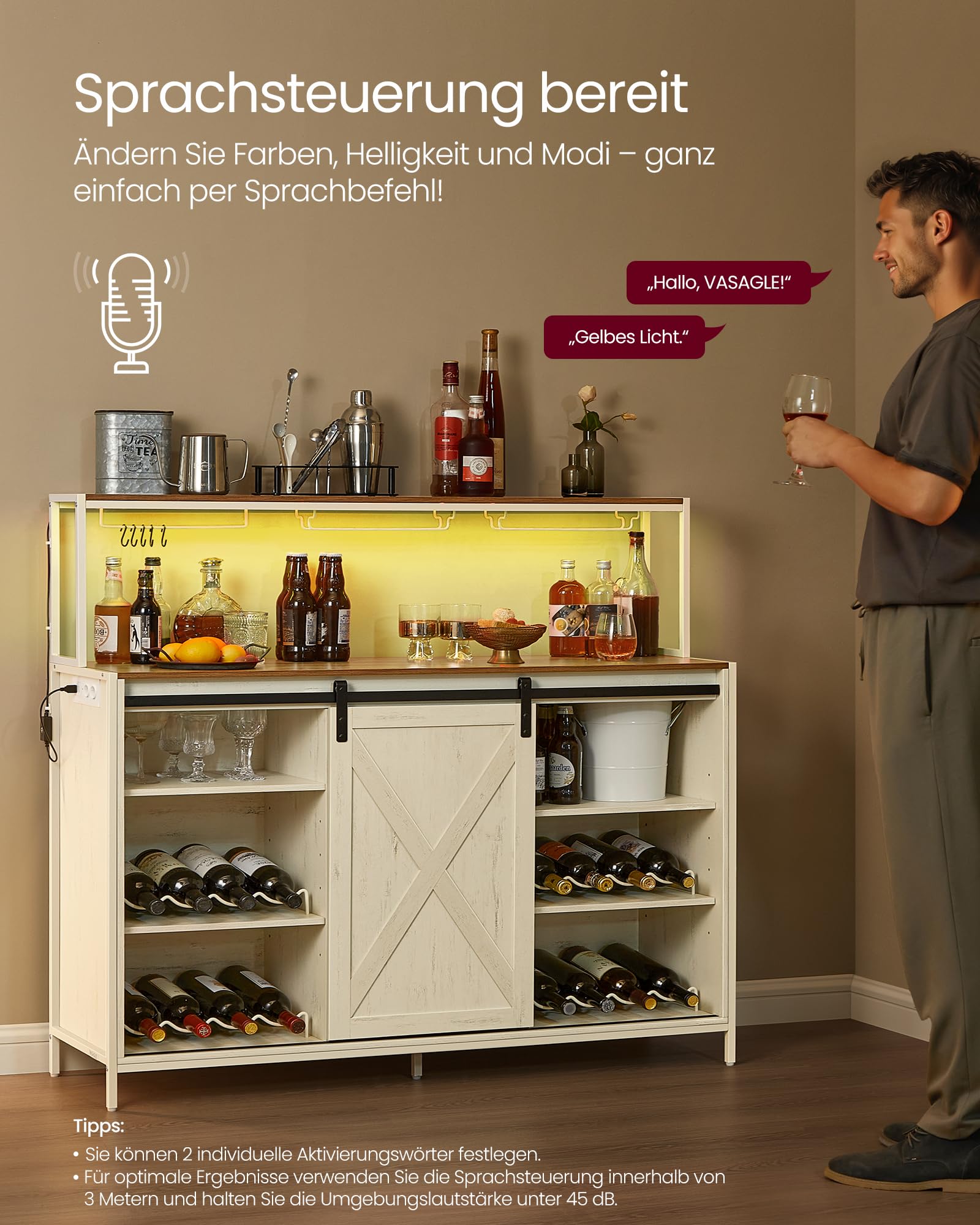 VASAGLE Barschrank, Weinschrank mit Steckdosenleiste, Sideboard mit sprachgesteuerter LED-Beleuchtung, Schiebetüren, S-Haken, Weinglashalter, Flaschenhalter, vintageweiß-honigbraun LSC201WJ02