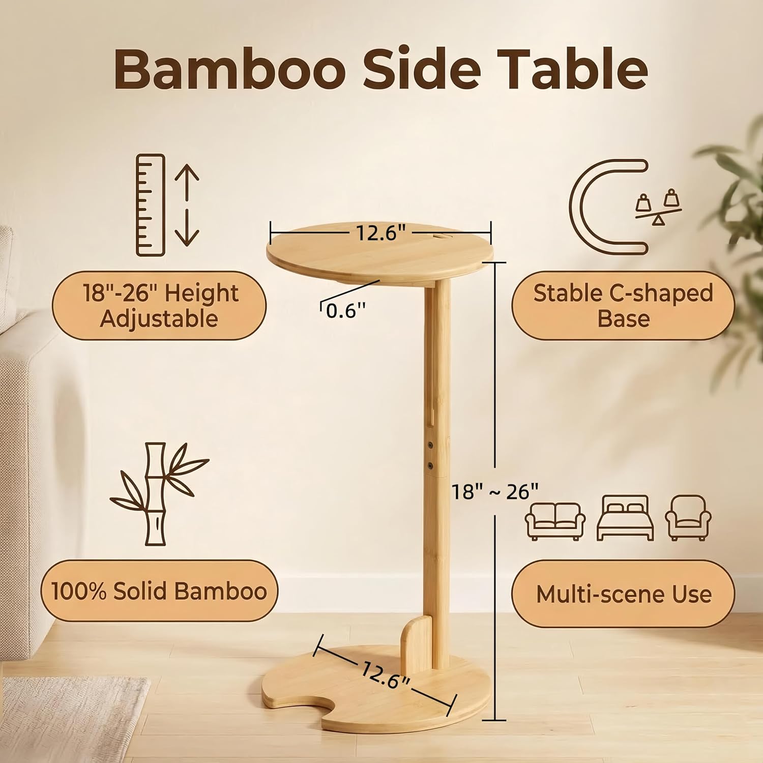 Bamboo Side Table for Sofa - Adjustable Height C Shaped End Tables for Small Spaces, Couch, Bedside, Living Room, 12.6x12.6x26 Inch TV Tray Round Stand for Drink, Snack, Coffee (Natural)