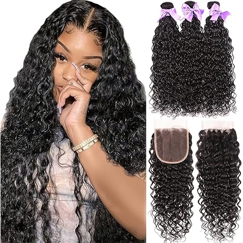 8A Brazilian Virgin Human Hair Ocean Wave Bundles With Closure Unprocessed Curly Human Hair Bundles (28 28 28+20) Water Wave Human Hair 3 Bundles With Lace Closure Free Part Natural Color