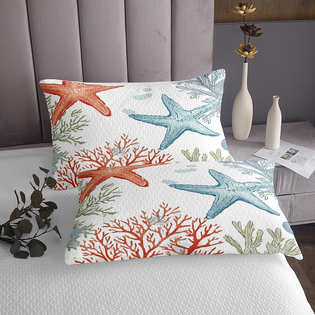 Homewish Couvre-Lit 240x220 Coral D'Étoiles de Mer, Dessus de Lit Thème de L'Océan, Couverture de Lit Peinture À l'huile Vie Marine, Jetés de Lit Monde sous-Marin avec 2 Taies d'oreiller 51x75cm