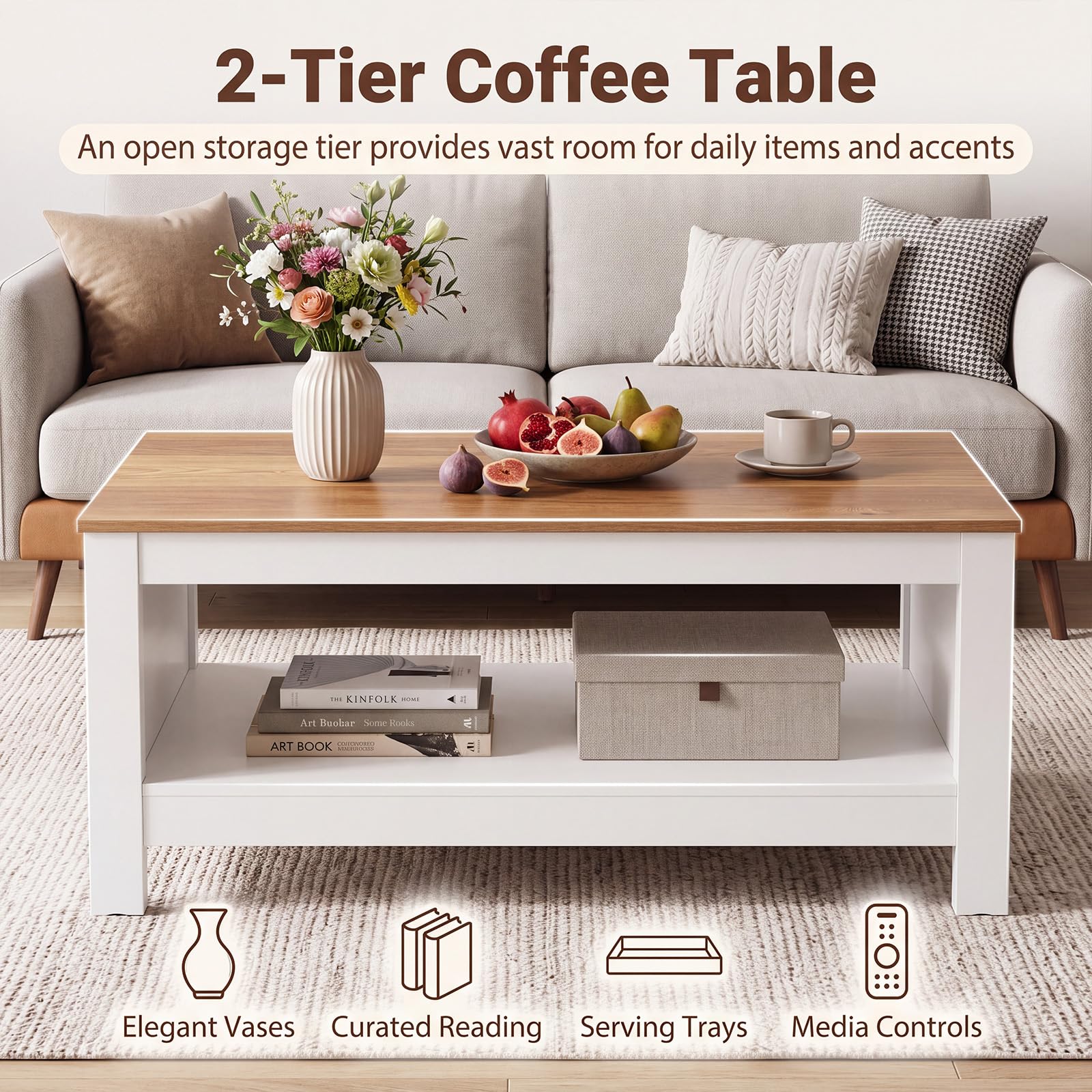 SOARS Table Basse Bois Rectangulaire 2 Niveaux, Bout de Canapé Moderne
