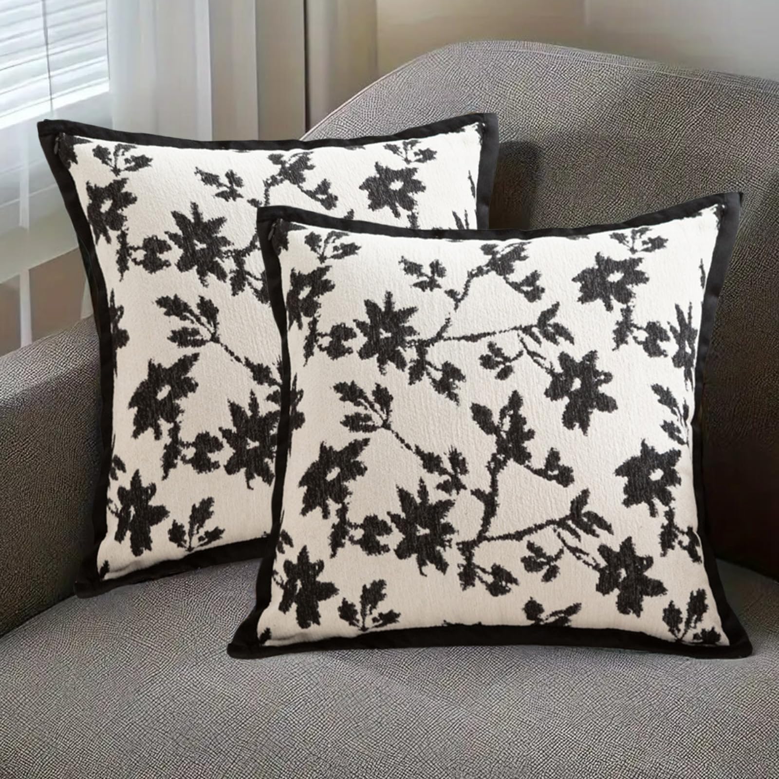 Traziewell Pack of 2 Cushion Covers Chenille Modern Farmhouse Throw Pillow Cases Home Decorative Couch Sofa Bed Living Room 18 x 18 Inch 45x45 cm White and Black 705 — image 1