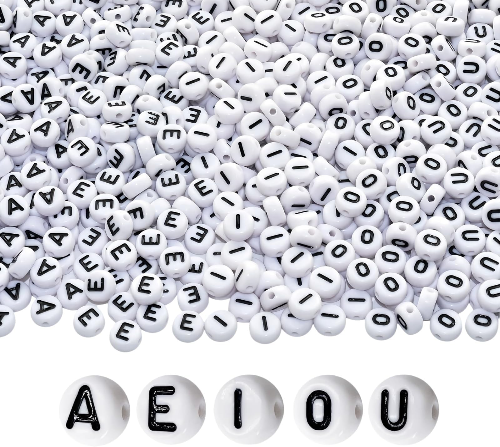 Looconi Amaney 300pcs Vowel Letter Beads A E I O U 6×6mm White Round Acrylic Letter Beads for Jewelry Making Bracelets Necklaces Each 60 Pieces