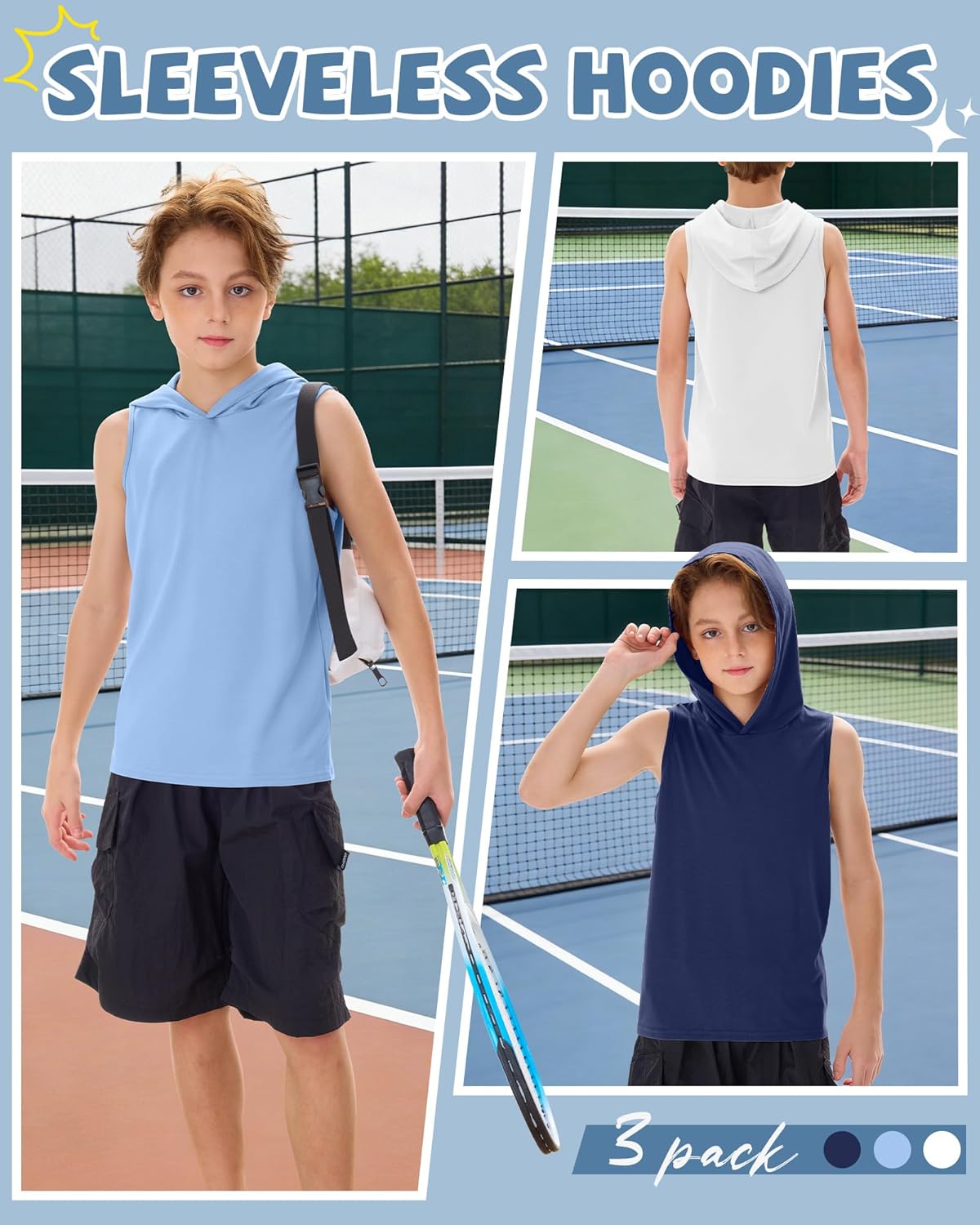 Oakgarden 3 Pack Boy's Tank Top Athletic Sleeveless Hoodies Basic Workout Active Casual Pullover Shirts for Youth 5-16 Years