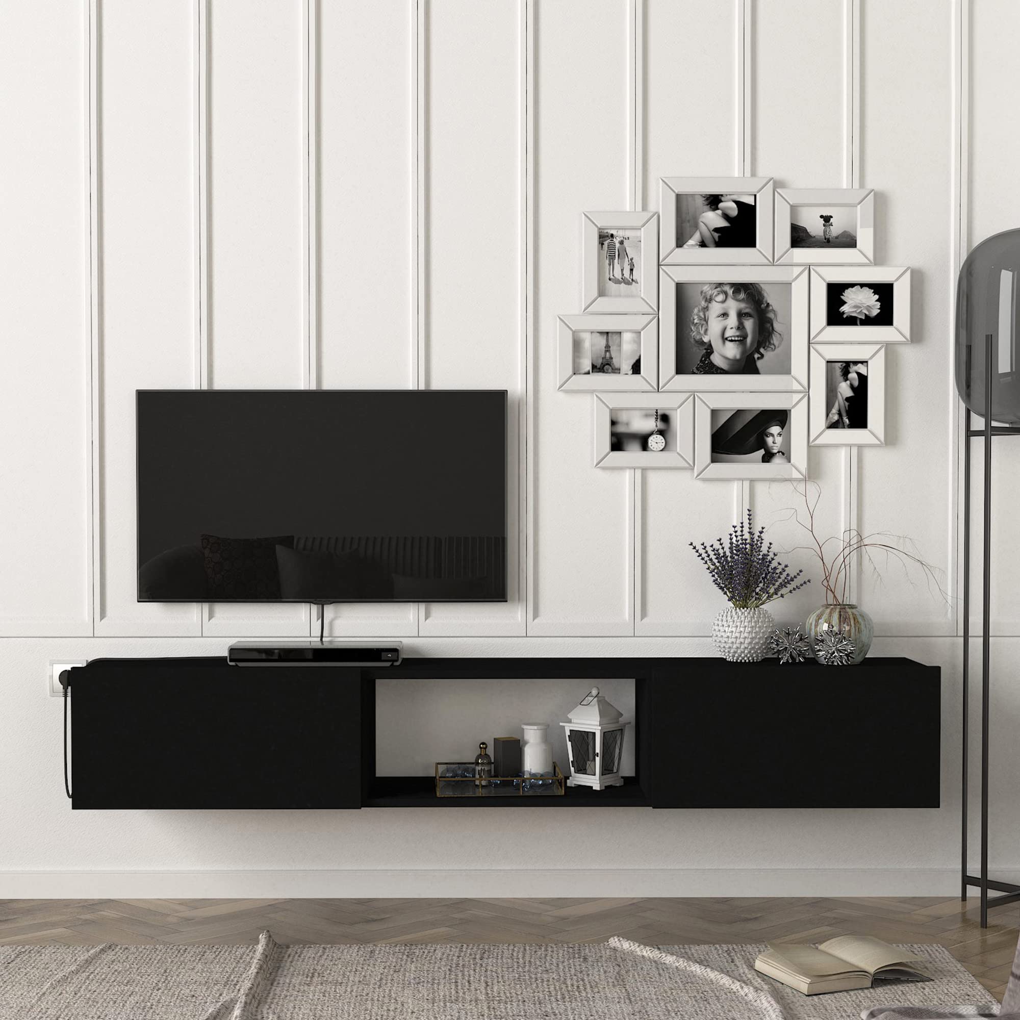 [en.casa] Mueble de TV Flotante Paltamo Mueble de Salón Mesa de TV Suspendido con 3 Compartimientos y 2 Puertas Abatibles 180 x 31 x 30 cm - Negro