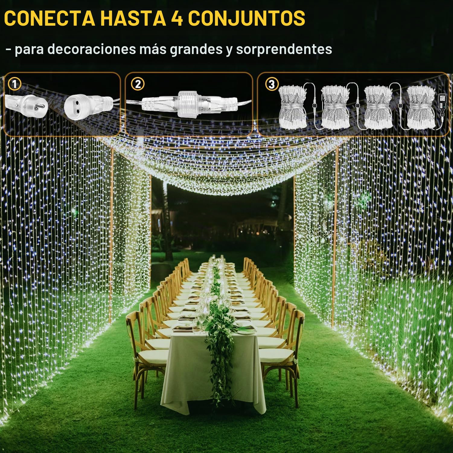 yowin 2 Pezzi Tenda Luminosa Esterno Interno 6m x 3m 600 LED Cascata Luci | Impermeabile IP65 con Timer, 8 Modalità Luci Tenda con Presa per Matrimonio Gazebo Finestra Parete Giardino - Bianco