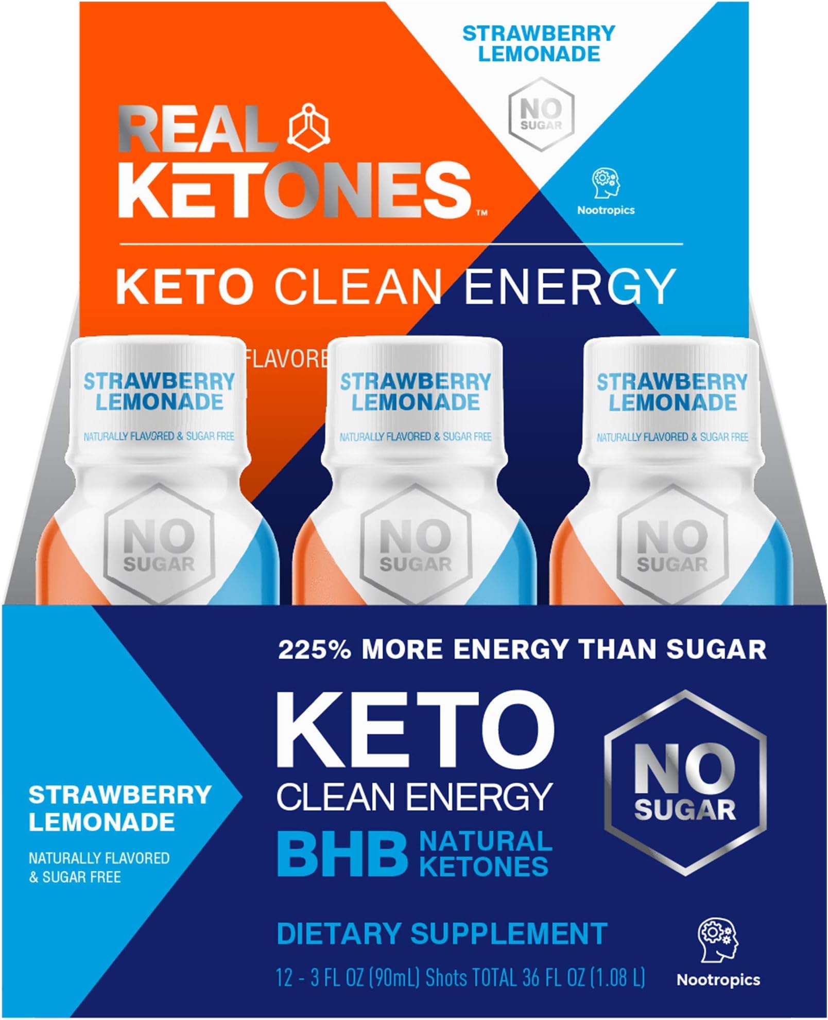 Keto Energy Shots - Exogenous Ketones Preworkout Energy Drink- 12-Pack with D BHB, Natural Caffeine, and Nootropic Blend - Strawberry Lemonade by Real Ketones