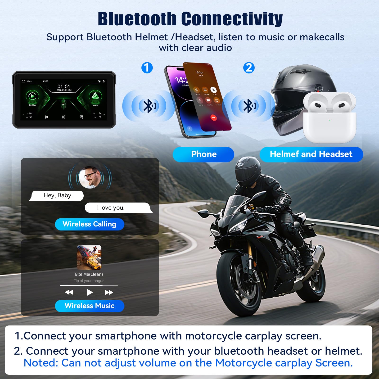 GPS CarPlay Écran pour Moto avec TPMS Système, CarPlay sans Fil Android Auto, Appareil de Navigation pour Moto étanche IP68 6 Pouces avec Bluetooth Mirror Link Siri EQ