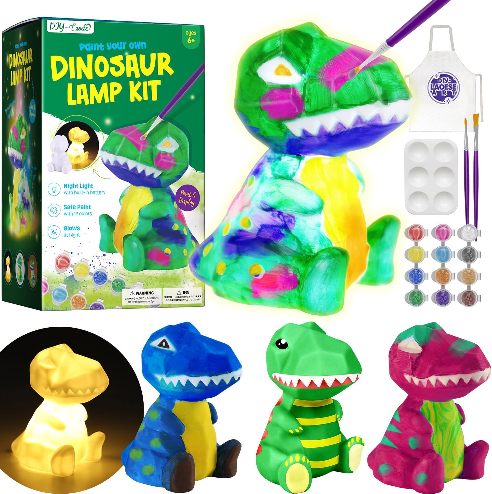 Paint Your Own Dinosaur Lamp Kit, Art Supplies Arts & Crafts Kit, Painting kit for Kids 6-12, Dinosaur Toys for Boys Girls and Kids, Girls Boy Birthday Easter Gift Ages 6 7 8 9 10 11 12+