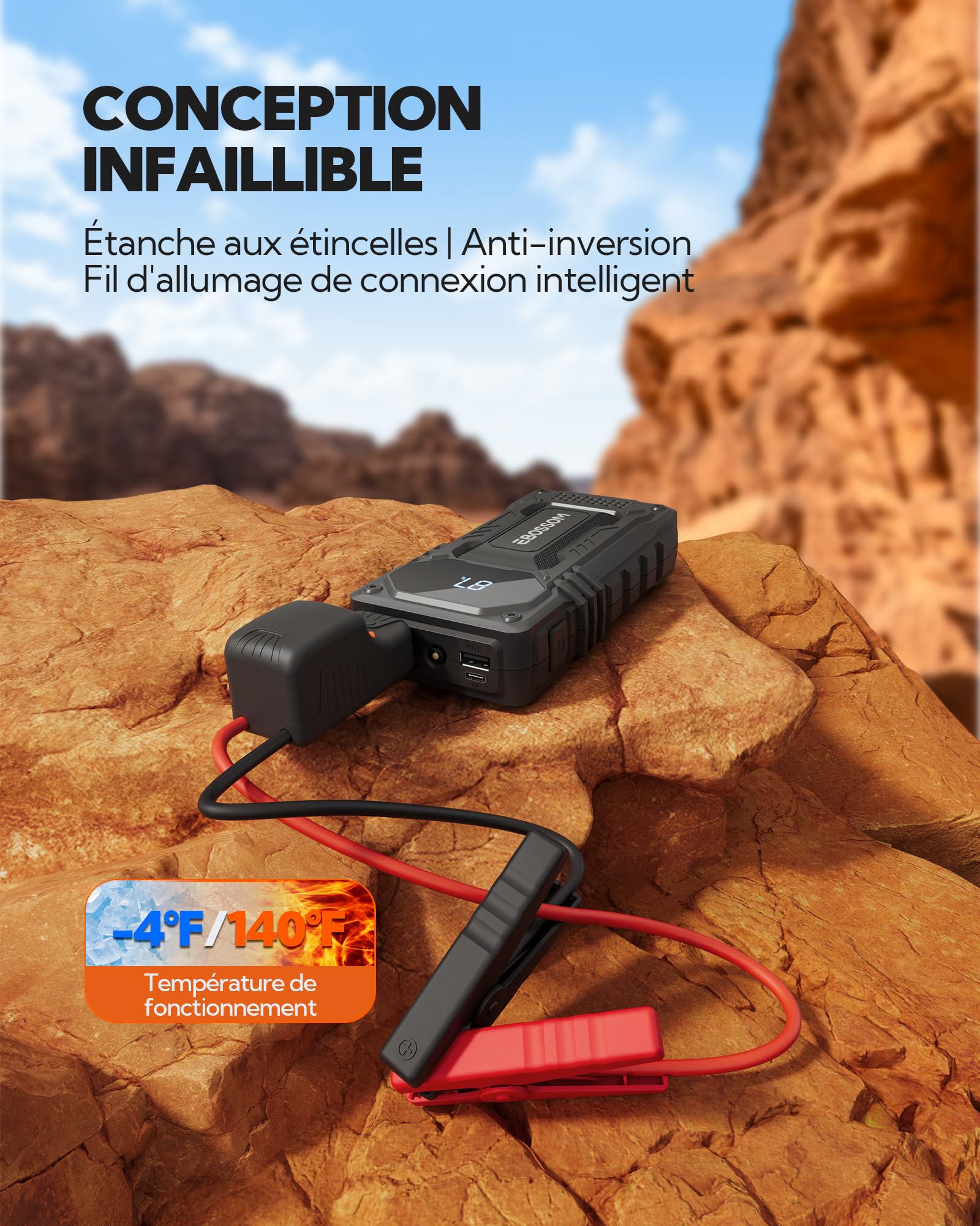Booster Batterie Voiture, 12000mAh Démarreur de Voiture et Moto Portable, 12V Jump Starter avec Câbles de Démarrage Intelligents, Lumière LED Kit d'urgence pour Véhicules de Voyage, Chargeur de Secour