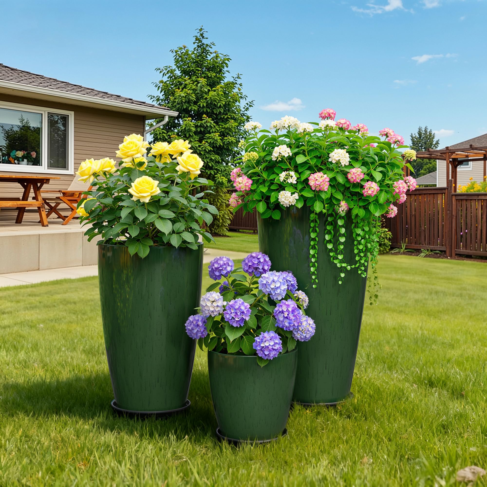 Condition photo showing New/Like New for set of 3; 24,21,11 inch large planters with drainage hole & saucer, set of 3 plant pots tall planter for indoor & outdoor plants home modern decor