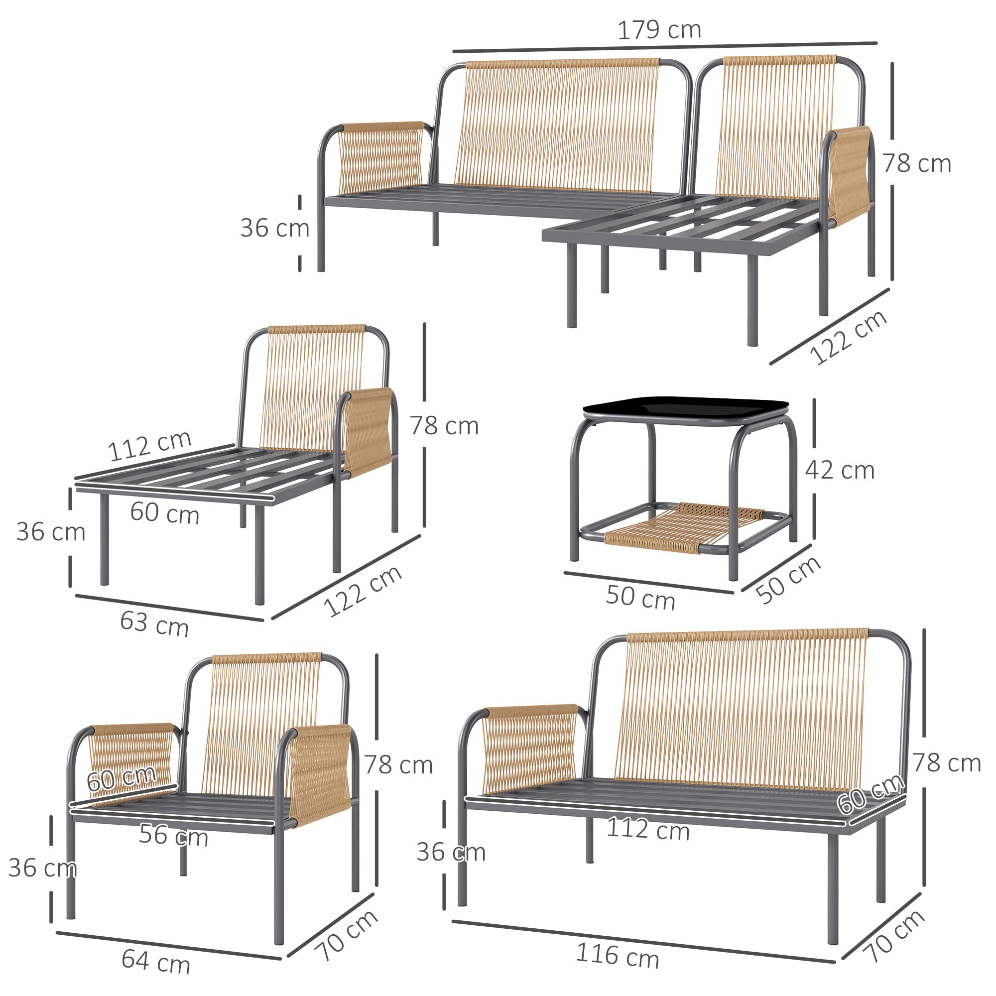 Outsunny Set di Mobili da Giardino in Rattan 4 Pezzi, Salotto da Esterno con Divanetto 2 Posti, Poltrona, Chaise Longue con Cuscini Lavabili e Tavolino in Vetro, Set Giardino Esterno, Grigio Scuro