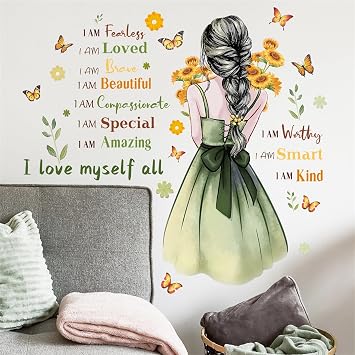 Green Ponytail Girl Wall Stickers Inspirational Quotes Wall Decals