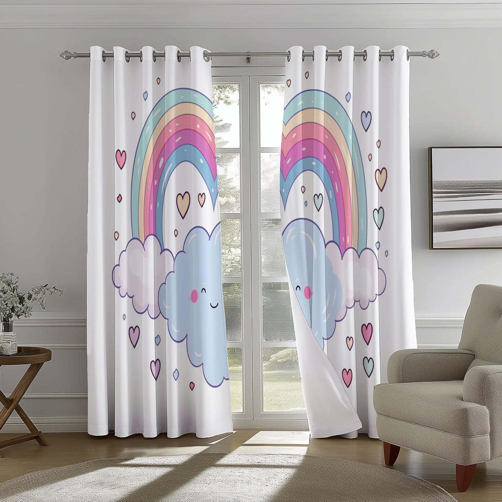 Design Keah Coeurs Nuages, Rideaux à Oeillets 70L X 240H cm (2 Panneaux), Isolant Thermique Opaque pour Porte-Fenêtre, Blanc