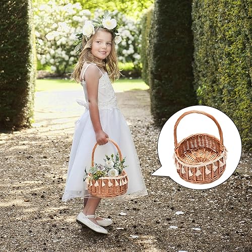 Miniatura 5 de Cesta pequeña de mimbre para niña de flores, cesta de flores de boda con borlas, cesta de paja tejida para decoración de boda y fiesta de cumpleaños
