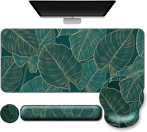 Alfombrilla para mouse + alfombrilla de escritorio + reposamuñecas para teclado + posavasos 4 en 1, bonita alfombrilla de mouse ergonómica grande