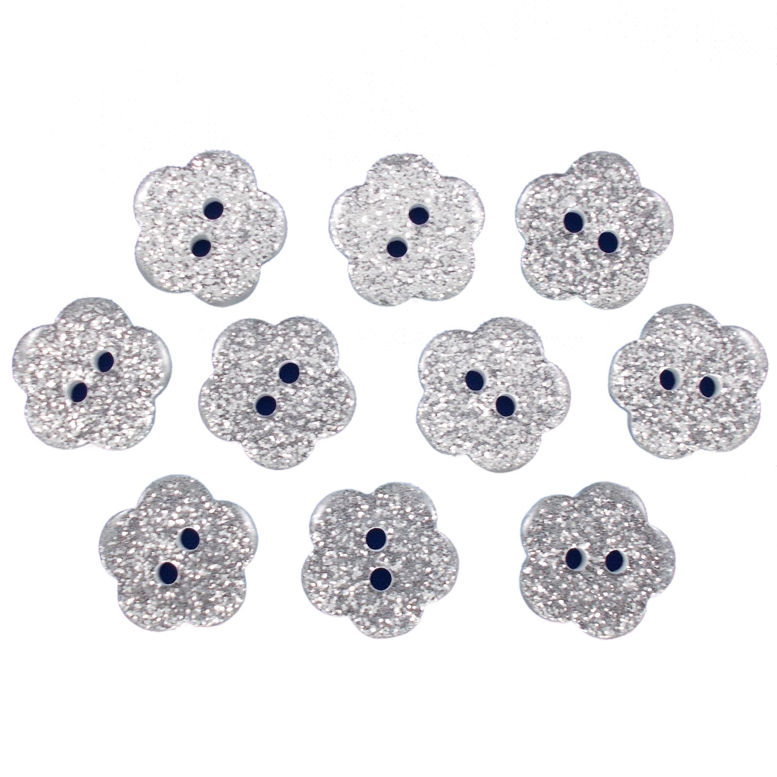 Push The Button Silver Colour Glitter Flower Shape Buttons 14Mm Pack Of 10 (Silver)