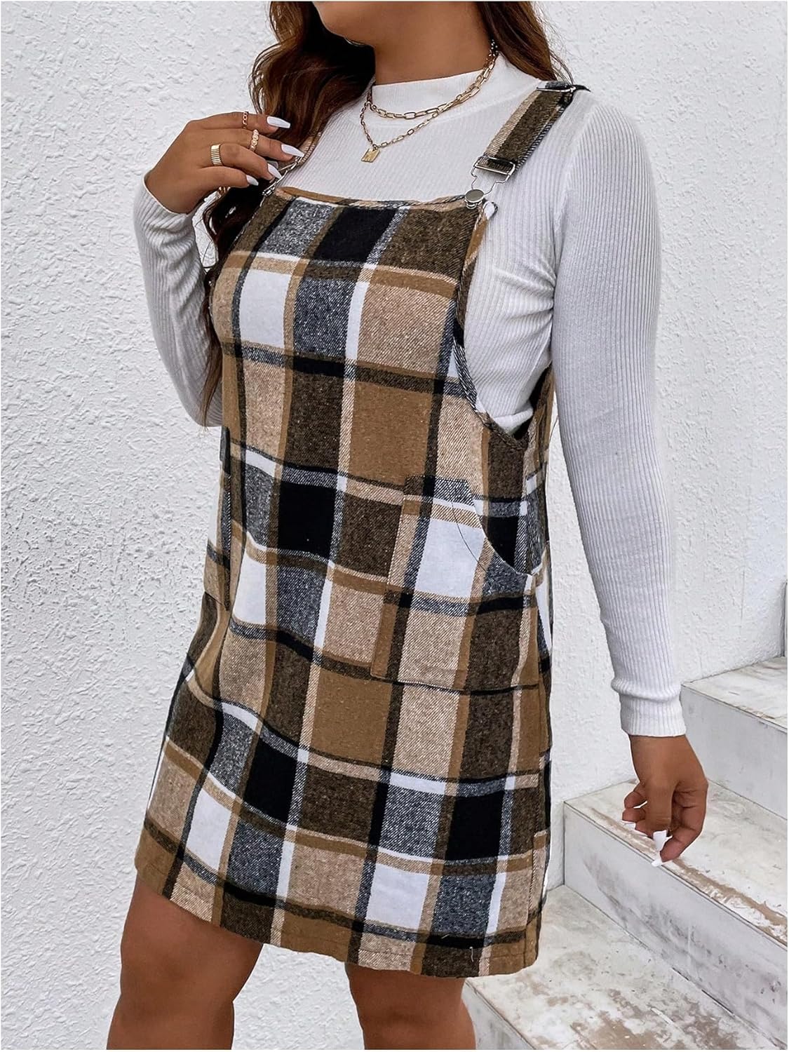 Floerns Women's Plus Size Plaid Print Overalls Suspender Skirt Fall Pinafore Dress - Image 5