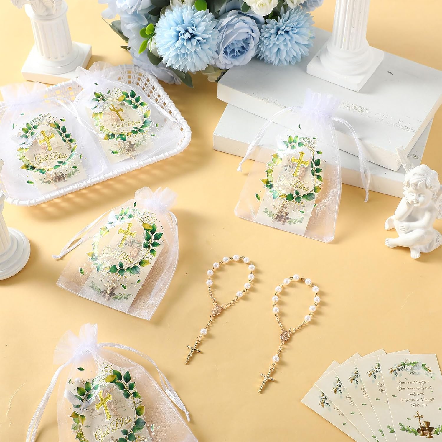 Blulu 24 Pack Baptism Favors Set Includes Mini Rosary Favors Acrylic Rosary Beads Faux Pearls with Cross Psalm Cards and God Bless Organza Bags for Christening Baby Shower First Communion Gifts