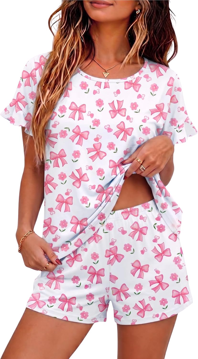 Ekouaer Womens 100% Cotton Pajamas Set Ruffle Sleeves Top and Short Soft Sleepwear 2 Piece Lounge Set with Pockets