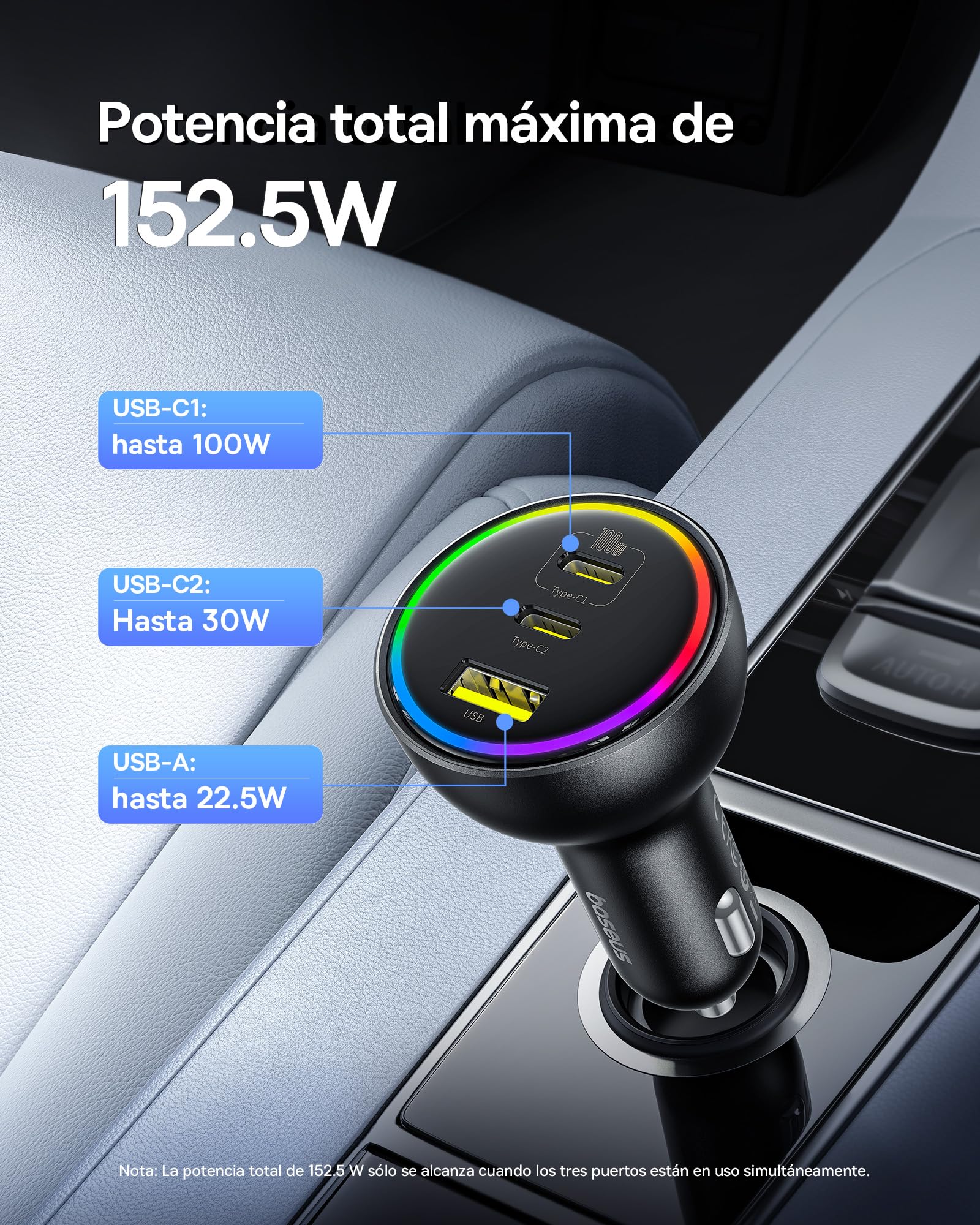 Baseus 152.5W Cargador Coche Carga Rapida 3 Puertos, RGB Cargador Mechero Coche y Cable USB C 100W, Adaptador Mechero Coche para MacBook Pro/Air, iPhone 16/15/14/13, Samsung S24/S23, iPad, AirPods etc