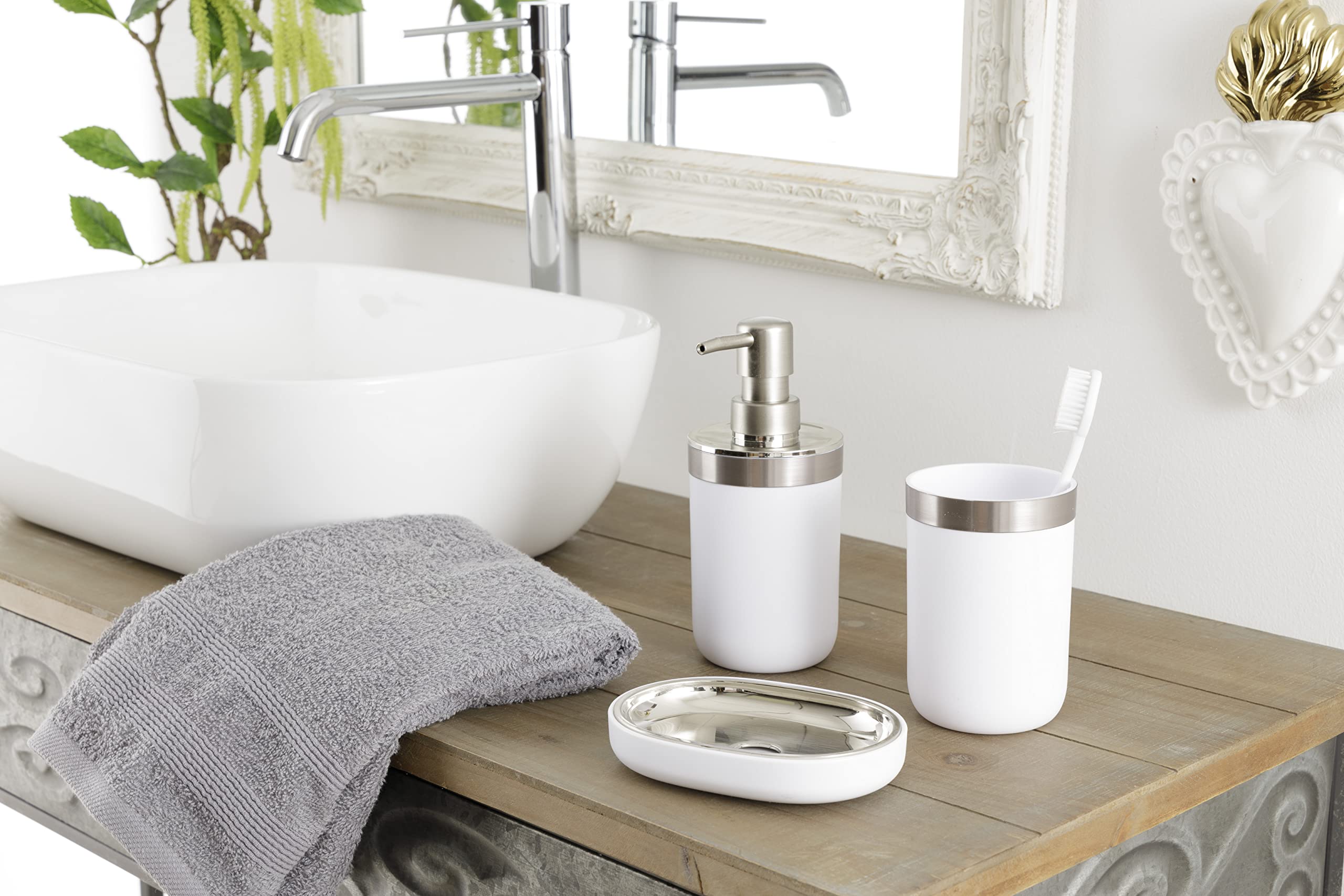 Clasin Home Set di accessori da bagno, 3 pezzi, include dispenser di sapone, portasapone, pietra arenaria, tazza per cucina, bagno, piano di lavoro, decorazione per casa colonica, regalo di