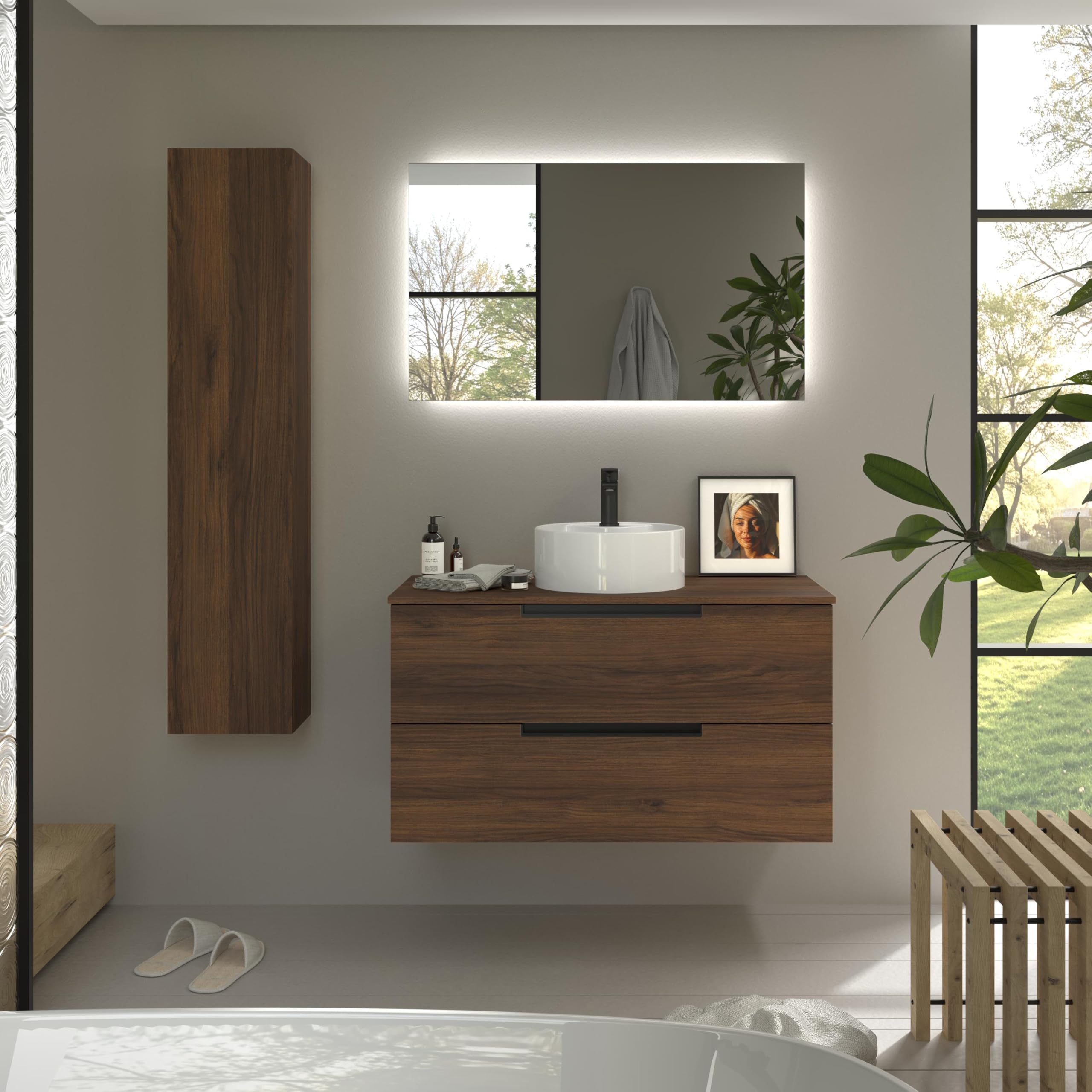 Mueble de Baño Leni 100cm Nogal 2 cajones Lavabo sobre encimera 1 poza Porcelana
