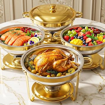 ALSO GO 4 Pack 6QT Stainless Steel Round Chafing Dish Set with Golden Lid | Chafing Dish for Buffet with Serving Tray, Water Pan, Stand, Fuel Holder, Food Warmer for Party, Gathering, Banquet, Wedding