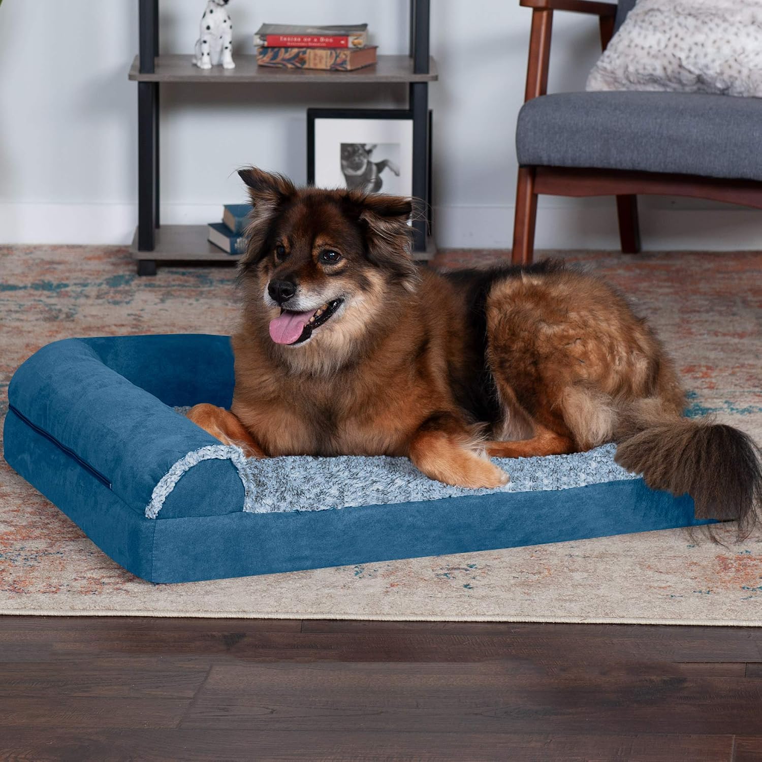 review Furhaven Memory Foam Dog Bed for Large/Medium Dogs w/ Removable Bolsters & Washable Cover, For Dogs Up to 55 lbs - Two-Tone Plush Faux Fur & Suede L Shaped Chaise - Marine Blue, Large