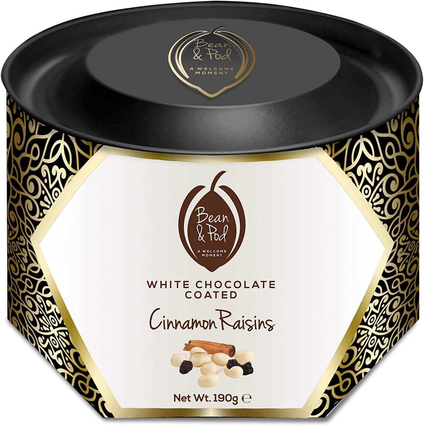 White Milk Chocolate Coated Raisins with a Dash of Cinnamon, Handcrafted by Bean and Pod Vegetarian Society Certified