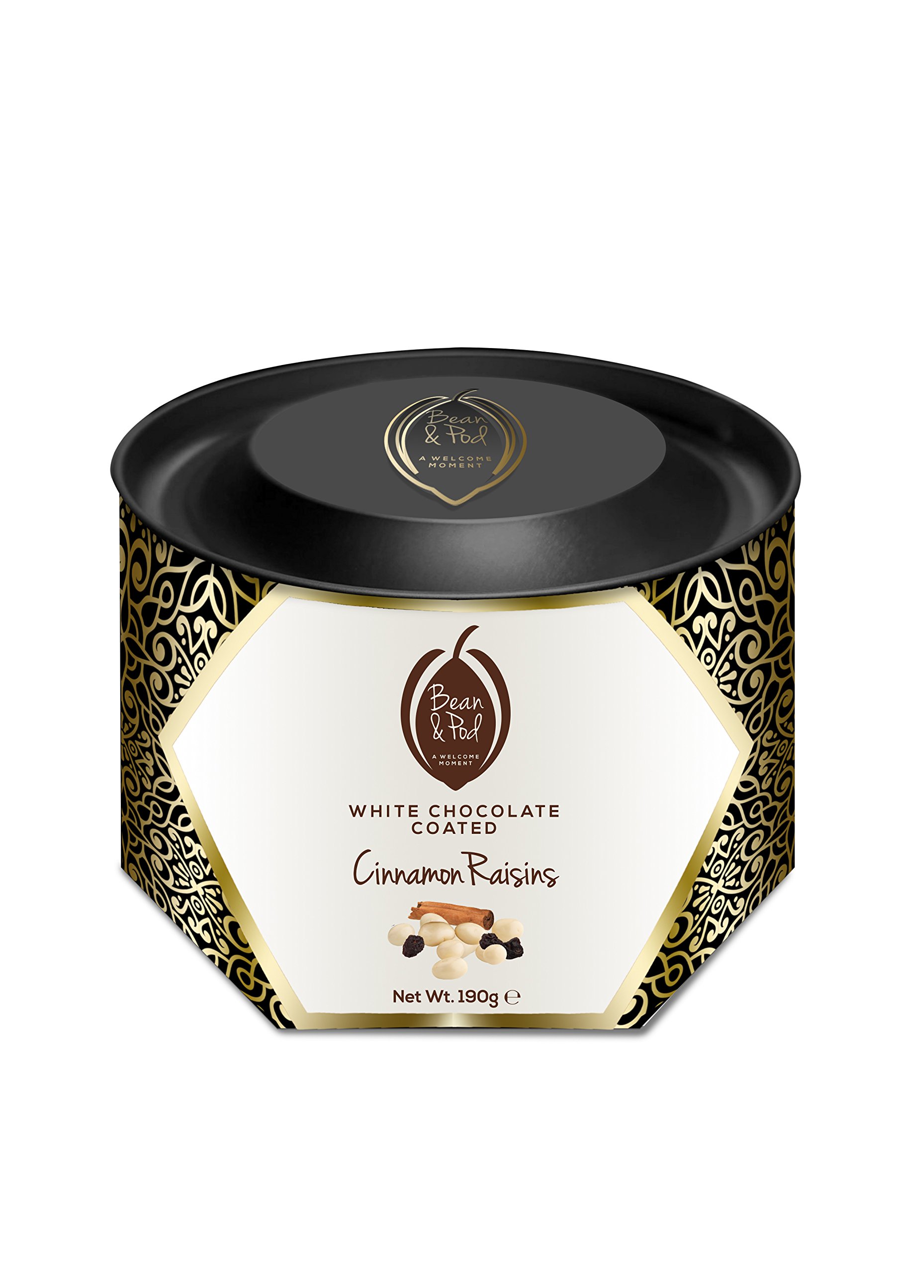 White Milk Chocolate Coated Raisins with a Dash of Cinnamon, Handcrafted by Bean and Pod Vegetarian Society Certified