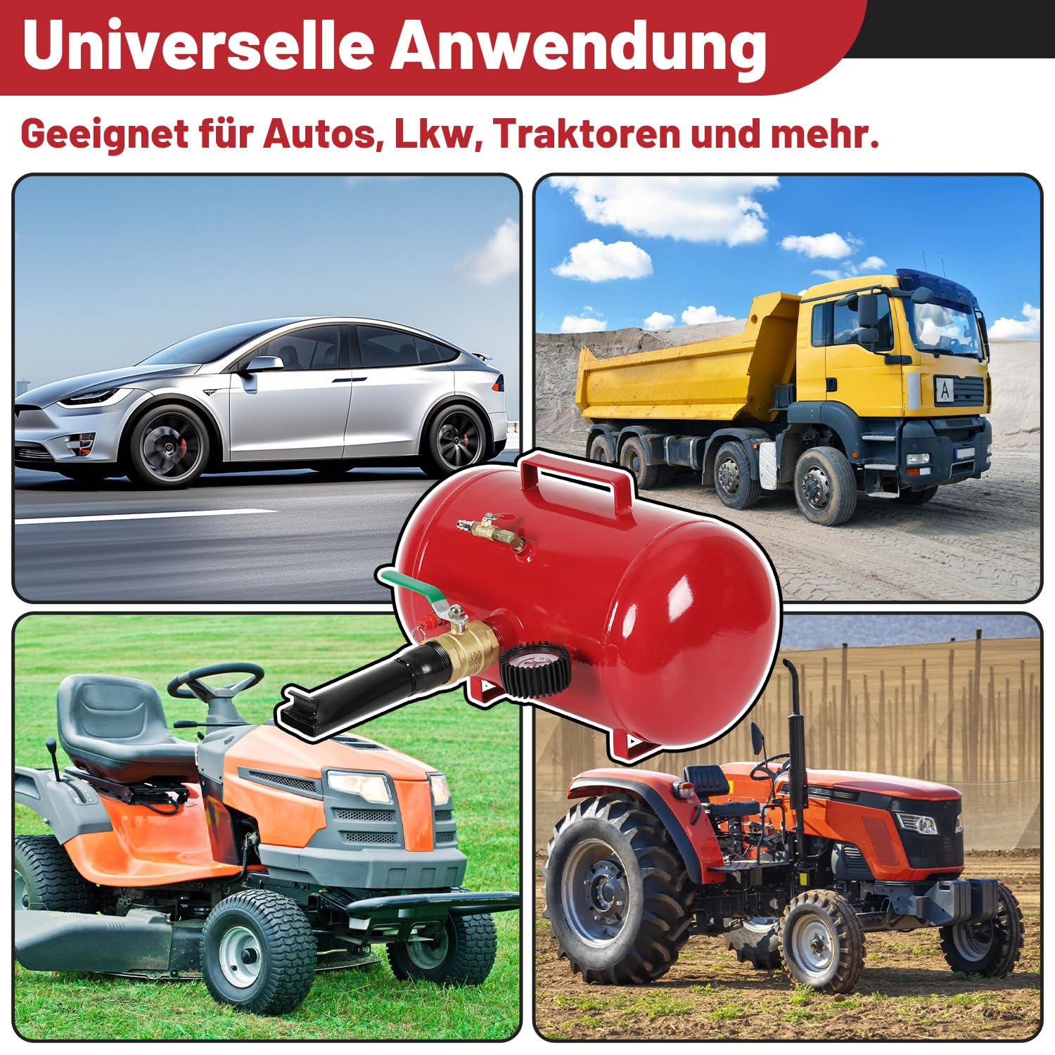 Reifen Booster 20L, Auto-Luftkompressor, Druckluftgerät mit Sicherheitsventil, max. 10 bar, für PKW, LKW, Traktoren und mehr, in Rot, inkl. Zubehör