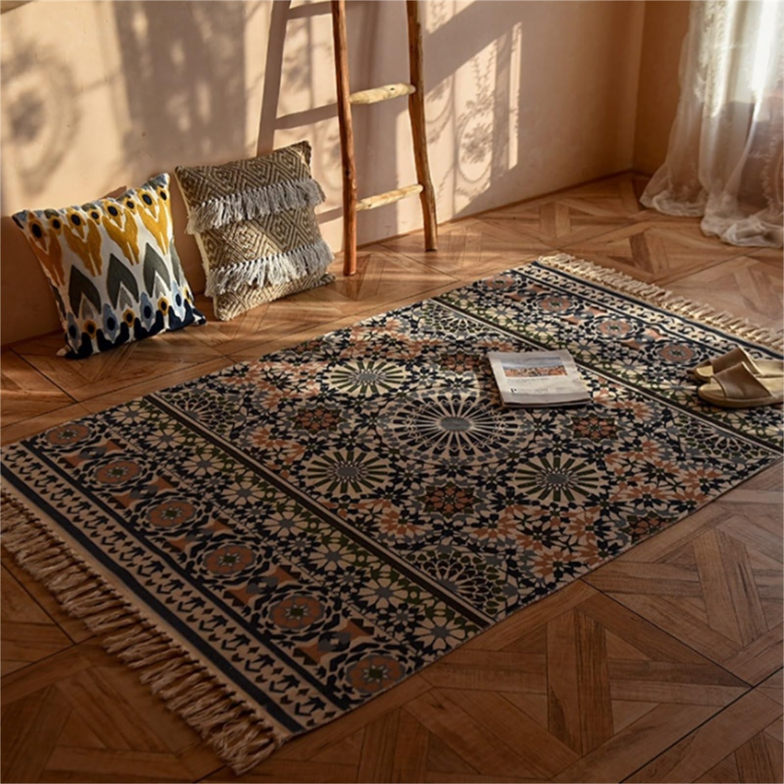 Tappeto da bagno in cotone con nappe marocchine, tappeto per bagno, ingresso e decorazione per la casa, 120 x 170 cm, zerbino per interni, tappeto stile