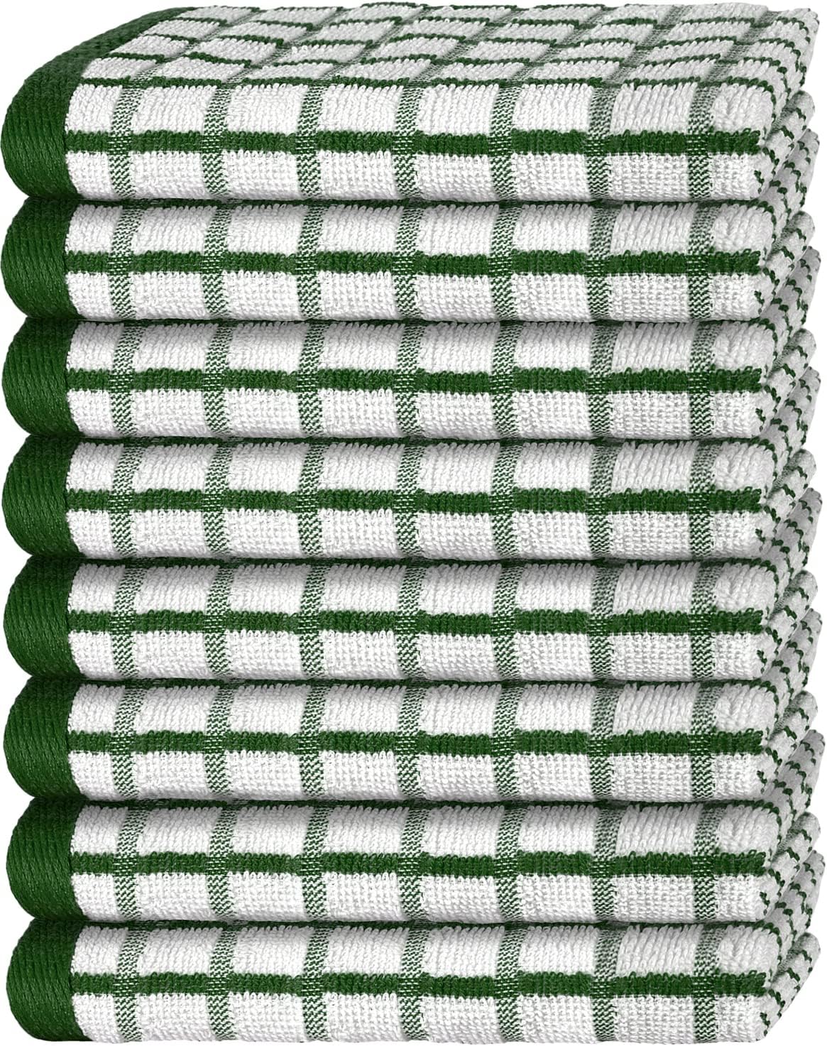White Classic [8 Pack] Premium Dish Towels for Kitchen, with Hanging Loop - Heavy Duty Absorbent 100% Cotton 410 GSM Terry Kitchen Towels, 16x26 (Green)
