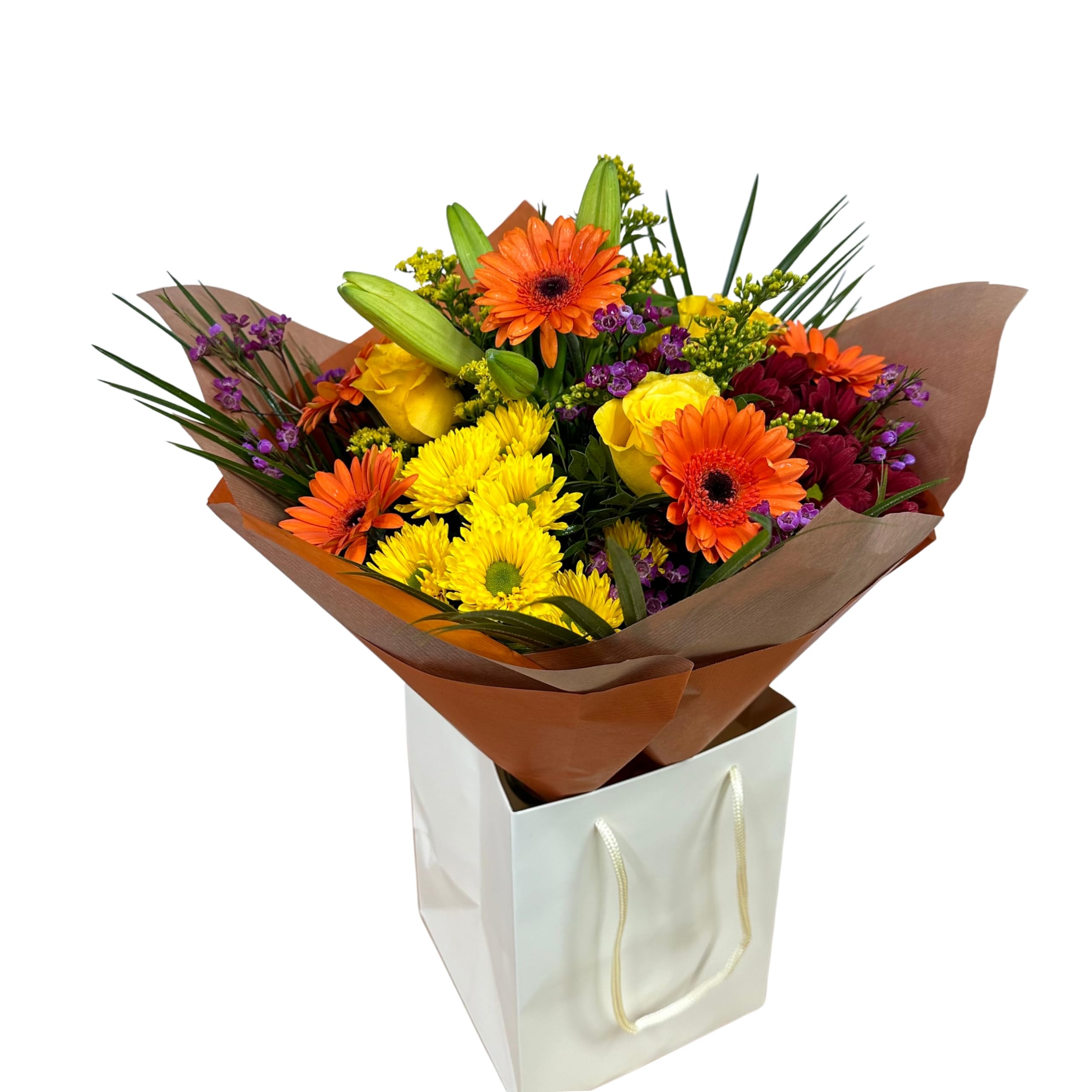 Radiant Hand-Tied Bouquet, Mixed Seasonal Flowers, Orange, Yellow, Red