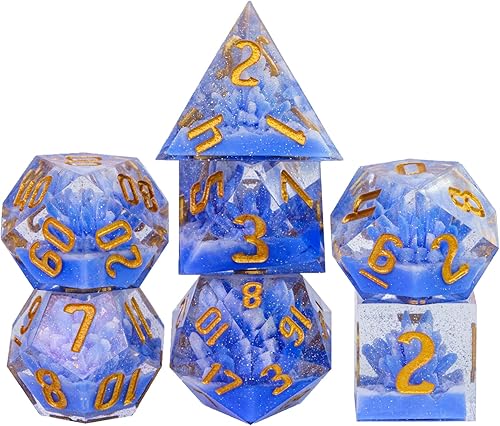 Miniatura 8 de Cusdie Dados DND de bordes afilados 7 dados DD juego de dados poliédricos hechos a mano para juegos de rol MTG Pathfinder ciantipo atrevido