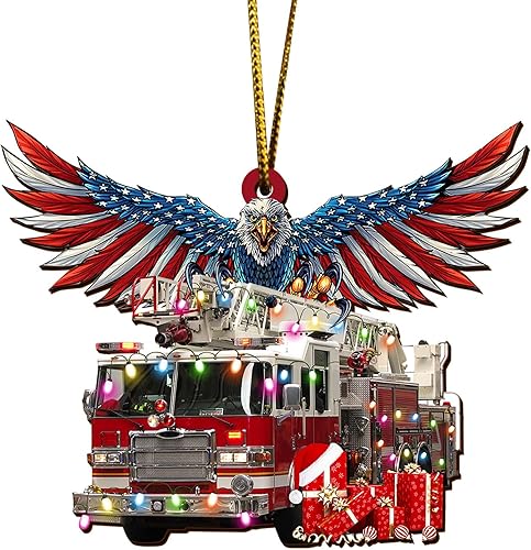 V VIBEPY Adorno de bombero impreso en toda la superficie adorno de águila calva adorno de camión de bomberos adorno de árbol de Navidad adorno de