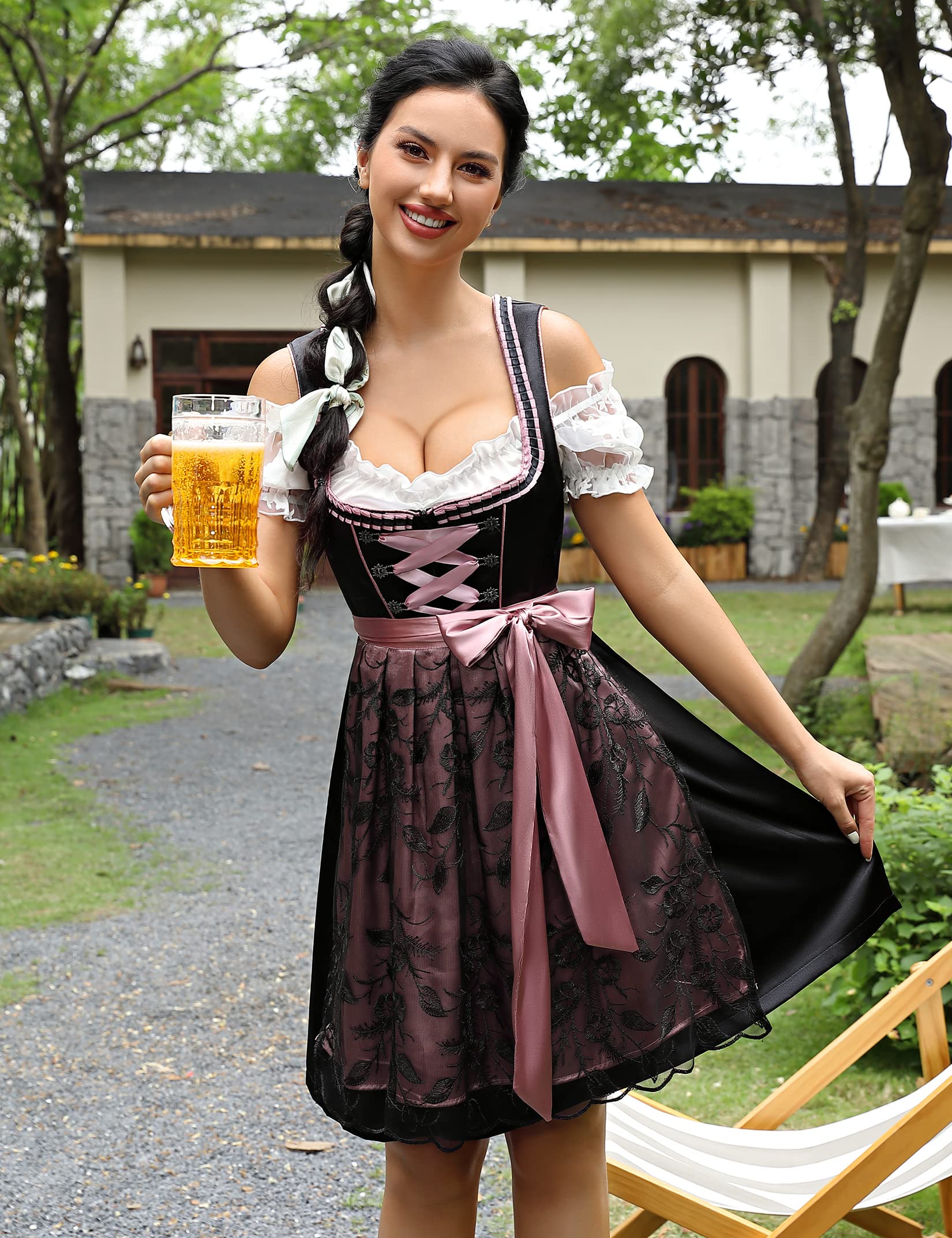 KOJOOIN Abito Donna Dirndl Bavaria Oktoberfest Set 3 Pezzi Camicia e Grembiule Dirndl Manica Corta Grembiule Bavarese Oktoberfest Cameriera Abiti da Festa