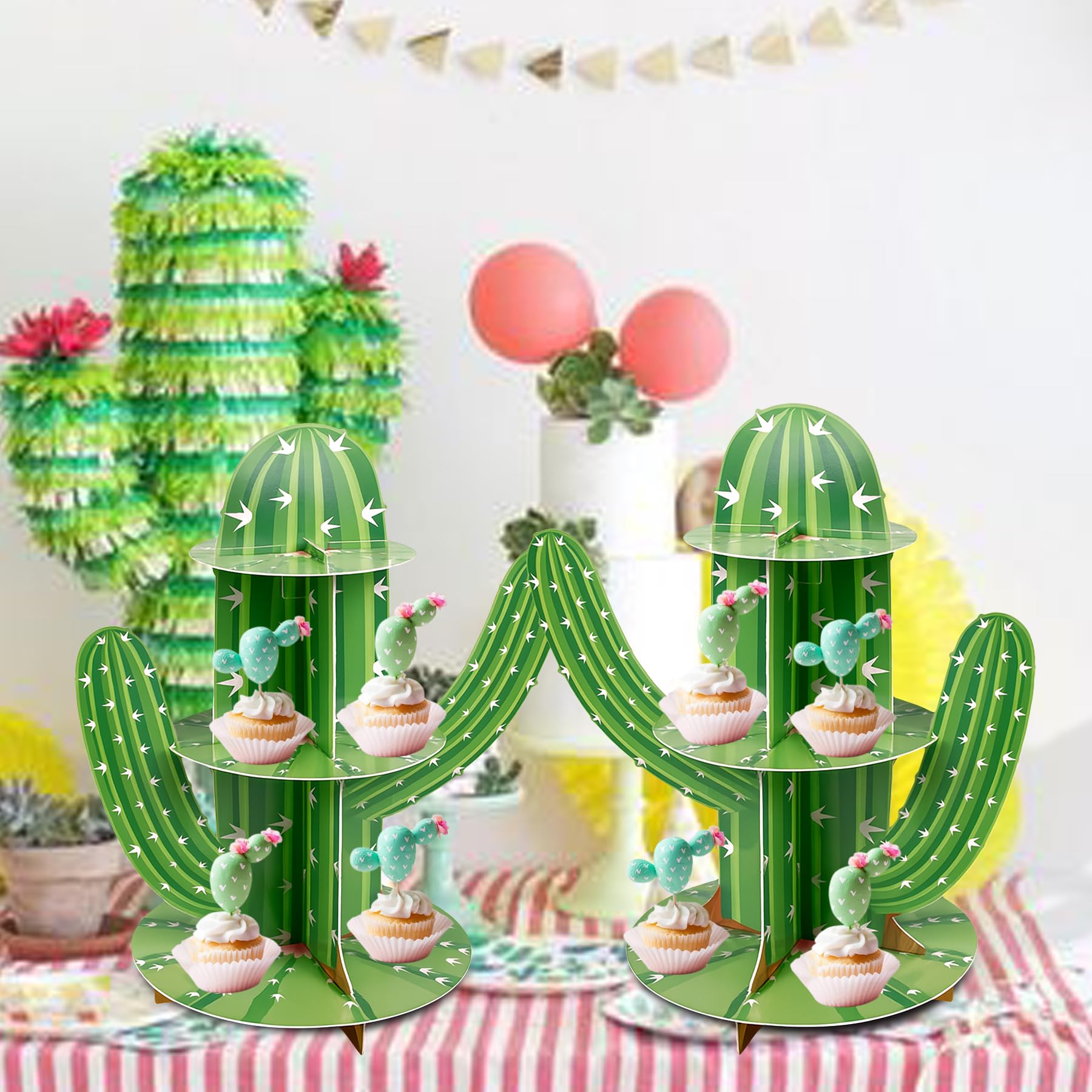 Soporte para cupcakes de cactus de 3 niveles, soporte para cupcakes con forma de cactus verde para suministros de fiesta mexicana, decoraciones de fiesta de taco, recuerdos de fiesta del Cinco