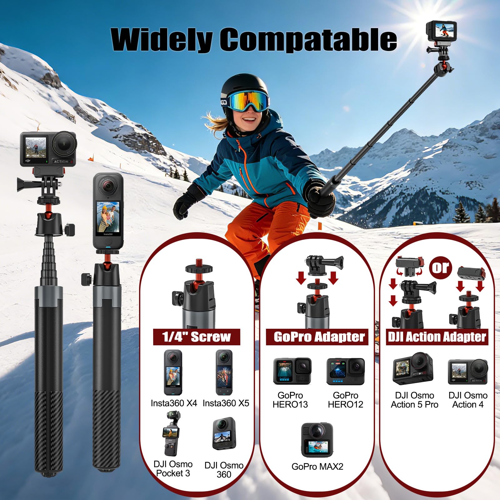 Bastone Selfie Treppiede 170cm per DJI Osmo Pocket 4 3 DJI Action 5 Pro/4 Insta 360 X5 X4 GoPro Hero 13/12/11/10 Black, Selfie Stick Treppiede da Viaggio/Supporto/Accessori 2-in-1 per Action Cam