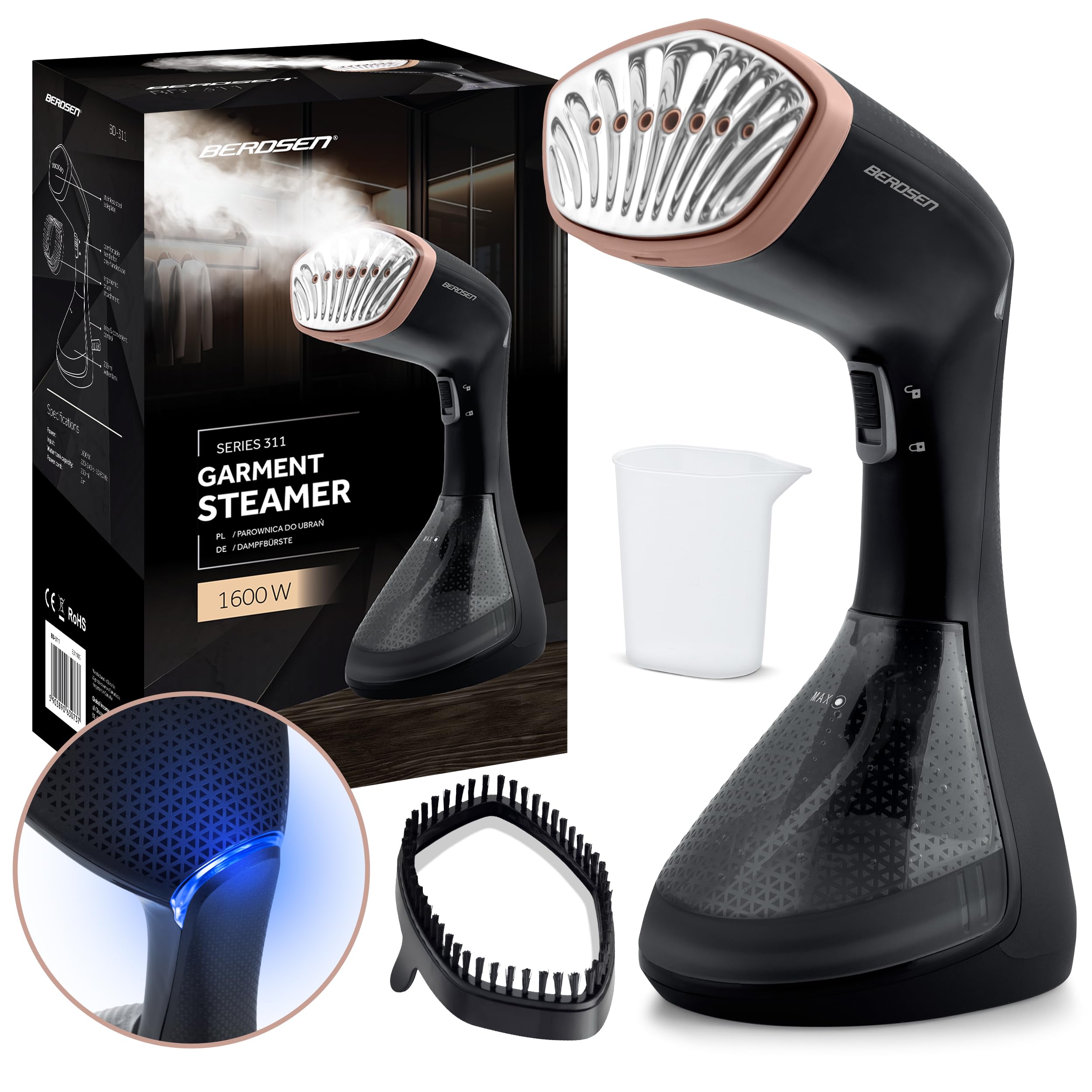 Berdsen Vaporizador de ropa 1600W - Vaporizador - Vapor 26 g/min - Tanque de 230 ml - Tapa con cepillo para tapicería - Negro