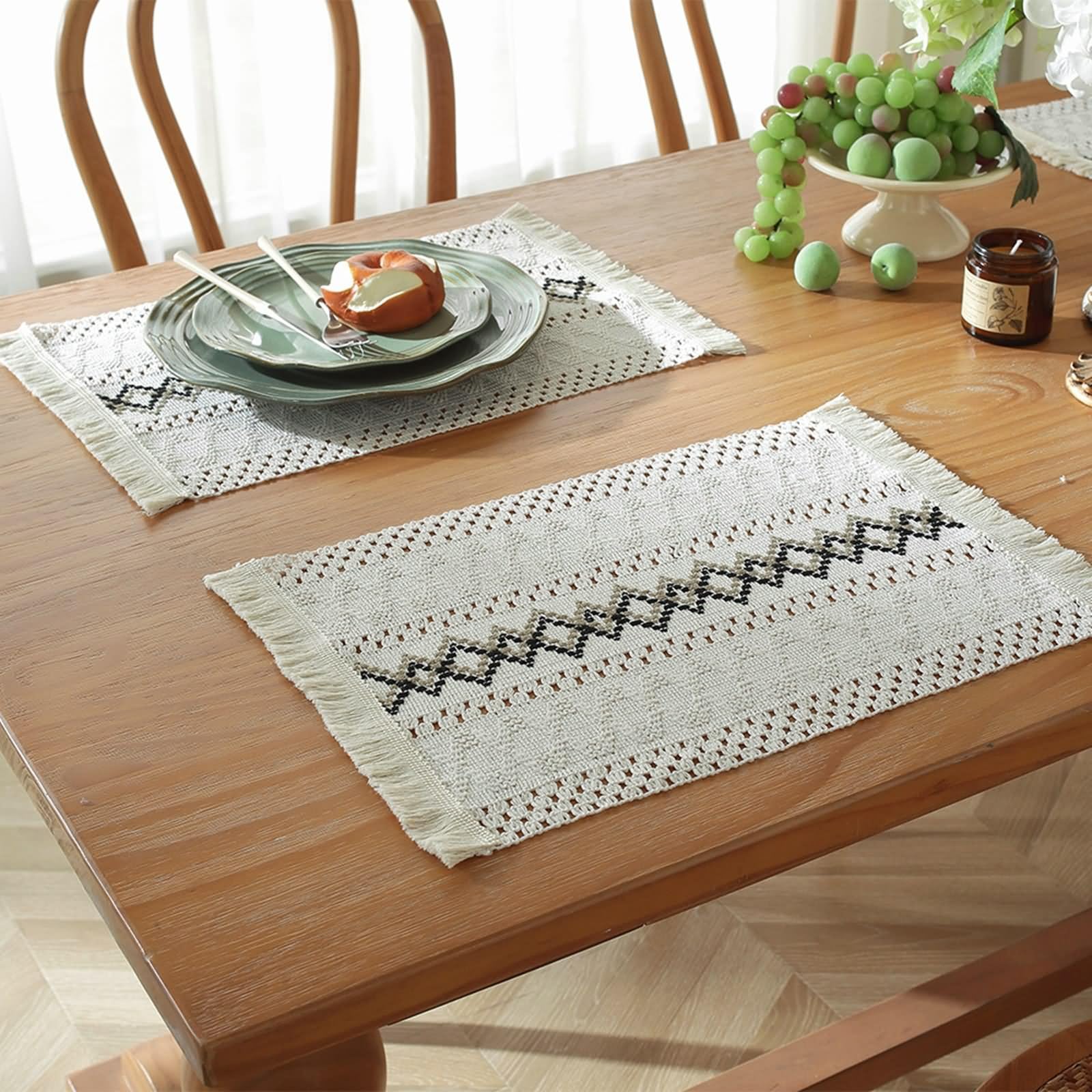 Placemat Wedding - Juego de 6 manteles individuales navideños modernos, 45 x 30 cm, diseño de rayas, algodón, lino, blanco, negro y marrón