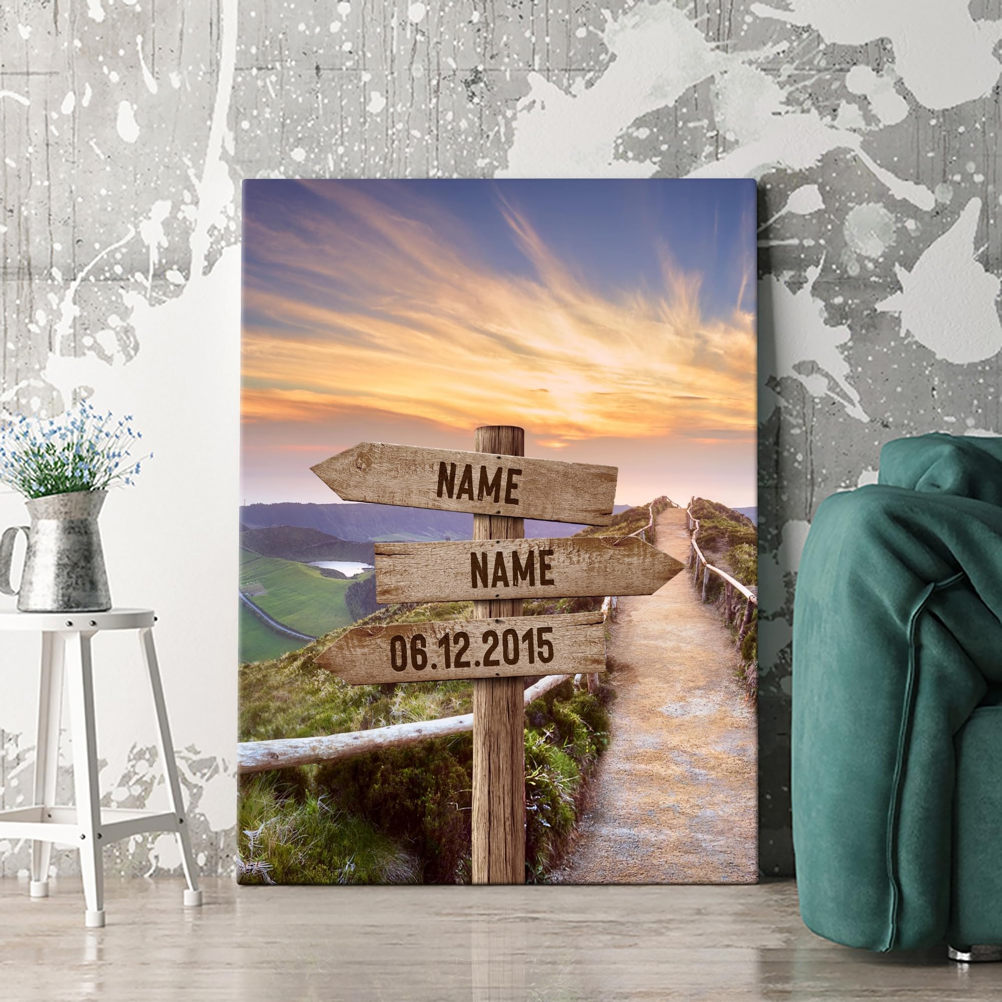 Liebesleinwand Leinwandbild personalisiert | Leinwand gestalten mit Namen und Datum Geschenk für Partner | Wegweiser zur Aussicht