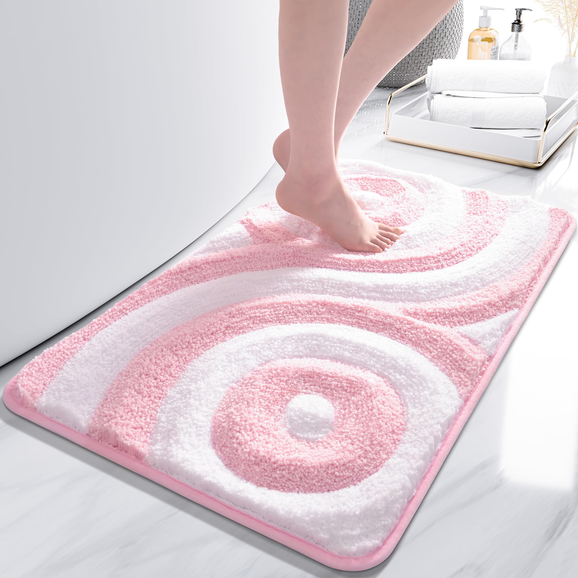 QJHOMO Pink and White Cute Bathroom Rugs Non Slip Bath Mat Modern Aesthetic Bathroom Decor Geometric Striped Bath